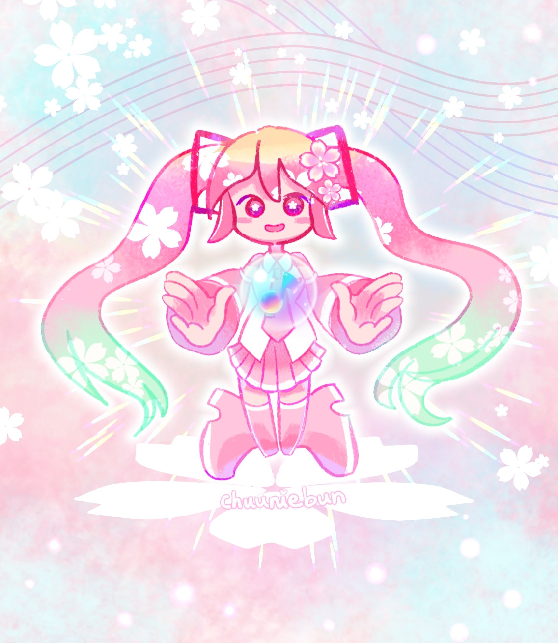 Bright digital art of Hatsune Miku derivative named Sakura Miku, floating and holding a typical Project Sekai gacha bubble for the viewer