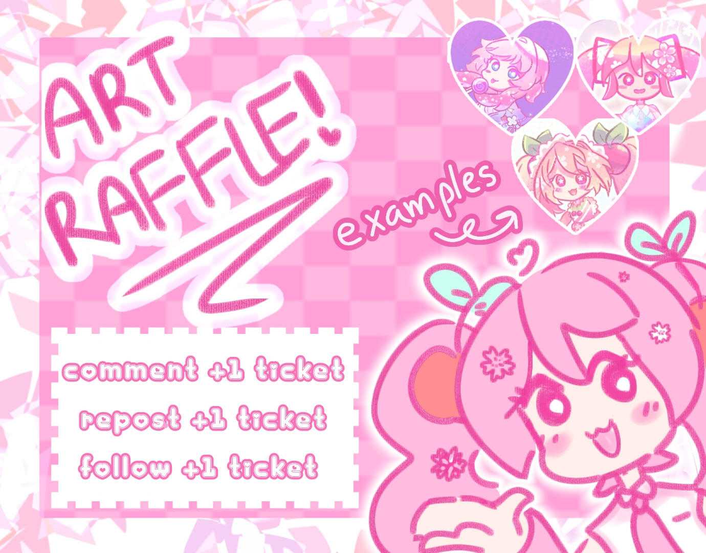 An art raffle to promote 100+ followers. A picture of a happy Sakura Miku is showing off the rules for the raffle: commenting, reposting, and following will each grant 1 ticket. The winner will be selected at random through an online raffle generator. Thank you for the support! 🙏