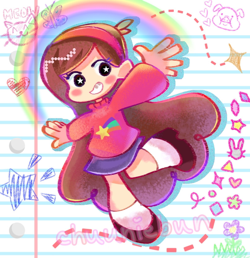 Mabel from the American cartoon show Gravity Falls, wearing her usual pink sweater with a shooting star on it. 