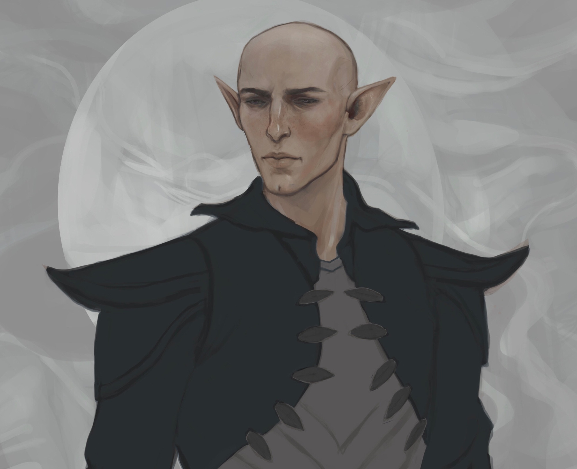 An elf wearing dark armour, in the background there’s a pale moon and swirling shapes