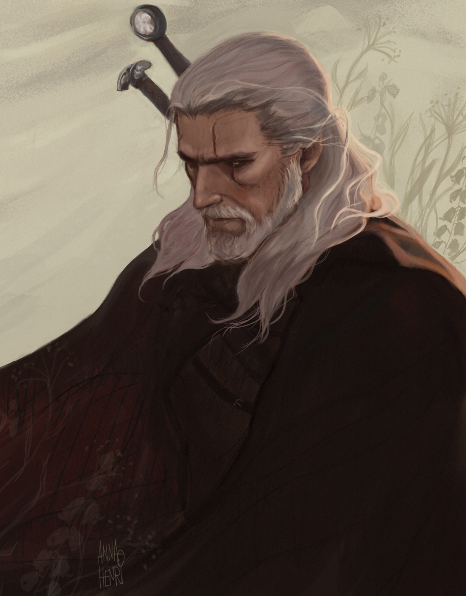 Digital Artwork of Geralt of Rivia, wearing a cloak and his two swords on his back.