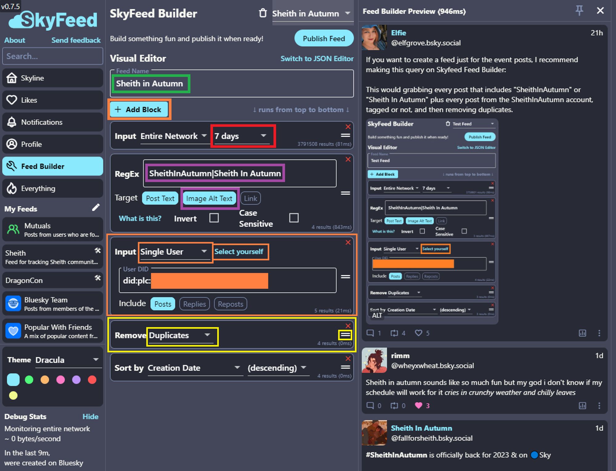 The altered + Create Feed with the key fields that needed changing for each step highlighted with the same color for each step.