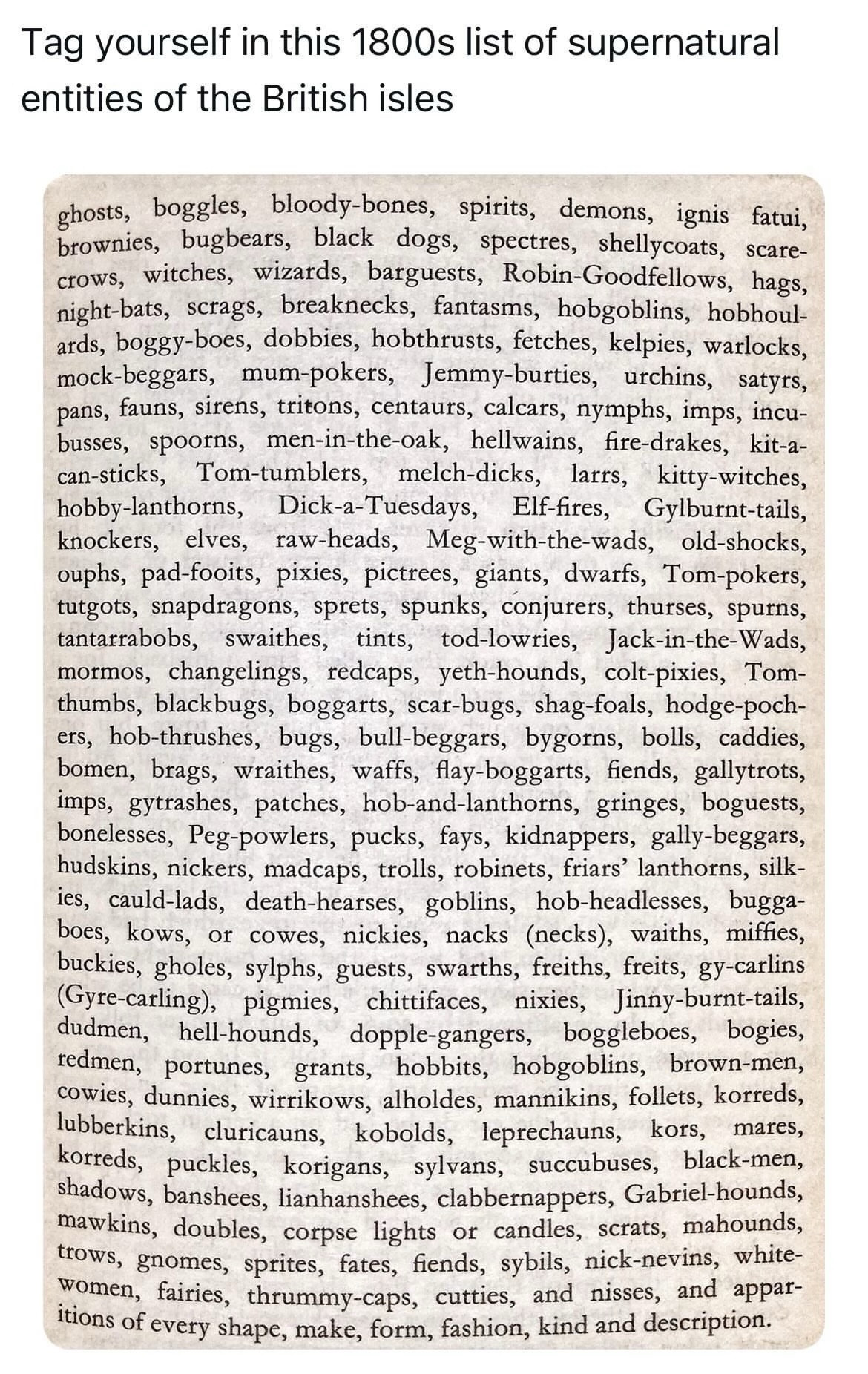 Tag yourself in this 1800s list of supernatural entities of the British isles
ghosts, boggles, bloody-bones, spirits, demons, ignis fatui, brownies, bugbears, black dogs, spectres, shellycoats, scare-crows, witches, wizards, barguests, Robin-Goodfellows, hags, night-bats, scrags, breaknecks, fantasms, hobgoblins, hobhoul-ards, boggy-boes, dobbies, hobthrusts, fetches, kelpies, warlocks, mock-beggars, mum-pokers, Jemmy-burties, urchins, satyrs, pans, fauns, sirens, tritons, centaurs, calcars, nymphs, imps, incu-busses, spoorns, men-in-the-oak, hellwains, fire-drakes, kit-a-can-sticks, Tom-tumblers, melch-dicks, larrs, kitty-witches, hobby-lanthorns, Dick-a-Tuesdays, Elf-fires, Gylburnt-tails, knockers, elves, raw-heads, Meg-with-the-wads, old-shocks, ouphs, pad-fooits, pixies, pictrees, giants, dwarfs, Tom-pokers, tutgots, snapdragons, sprets, spunks, conjurers, thurses, spurns, tantarrabobs, swaithes, tints, tod-lowries, Jack-in-the-Wads, mormos, changelings, redcaps, yeth-hounds, colt-pixies, Tom-thumbs, blackbugs, boggarts, scar-bugs, shag-foals, hodge-poch-ers, hob-thrushes, bugs, bull-beggars, bygorns, bolls, caddies, bomen, brags, wraithes, waffs, flay-boggarts, fiends, gallytrots, imps, gytrashes, patches, hob-and-lanthorns, gringes, boguests, bonelesses, Peg-powlers, pucks, fays, kidnappers, gally-beggars, hudskins, nickers, madcaps, trolls, robinets, friars' lanthorns, silk-ies, cauld-lads, death-hearses, goblins, hob-headlesses, bugga-boes, kows, or cowes, nickies, nacks (necks), waiths, miffies, buckies, gholes, sylphs, guests, swarths, freiths, freits, gy-carlins (Gyre-carling), pigmies, chittifaces, nixies, Jinny-burnt-tails, dudmen, hell-hounds, dopple-gangers, boggleboes, bogies, redmen, portunes, grants, hobbits, hobgoblins, brown-men, cowies, dunnies, wirrikows, alholdes, mannikins, follets, korreds, lubberkins, cluricauns, kobolds, leprechauns, kors, mares, korreds, puckles, korigans, sylvans, succubuses, black-men, shadows, banshees, lianhanshees,