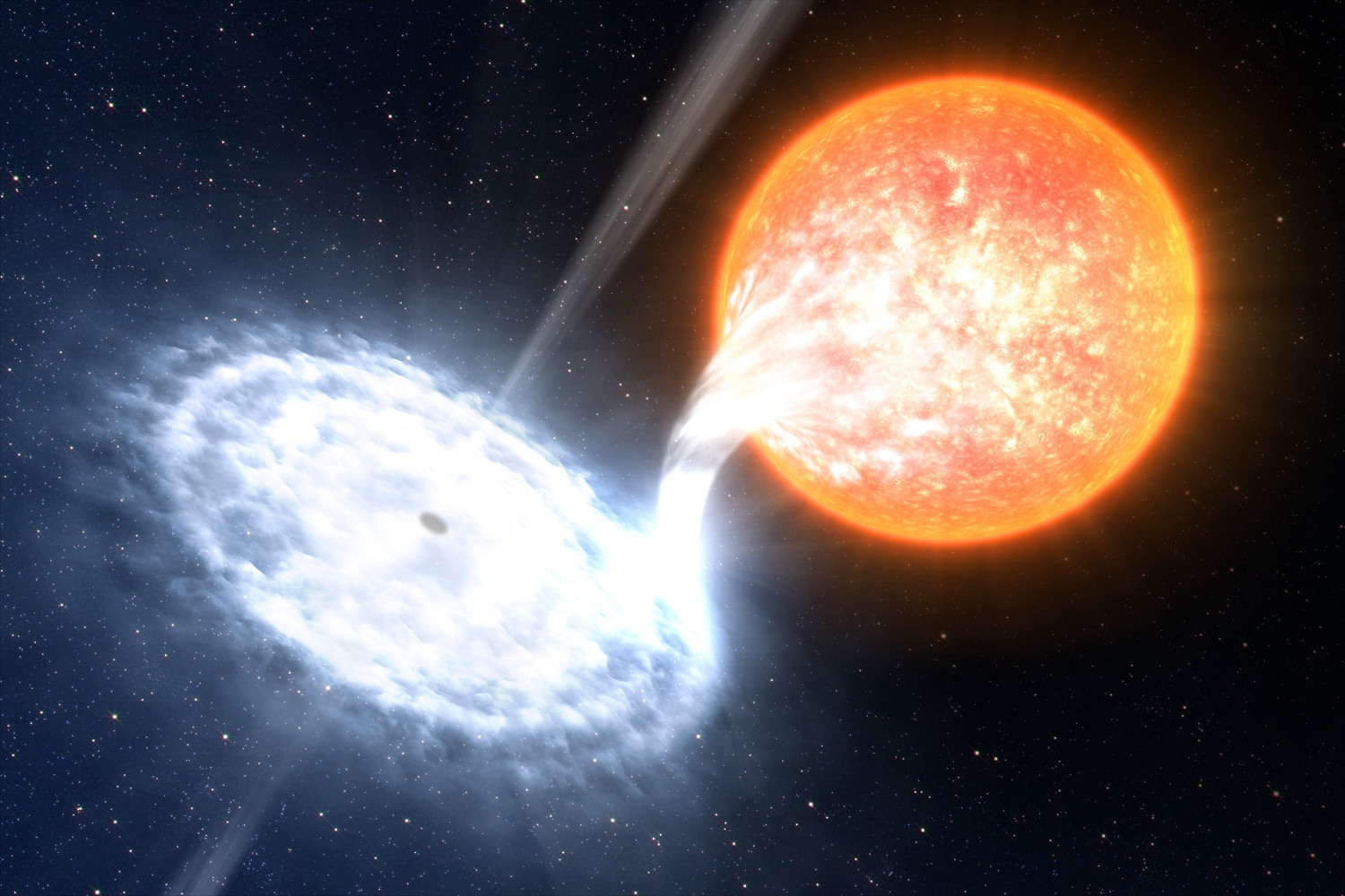 Illustration of a black hole or neutron star feeding off of a star.