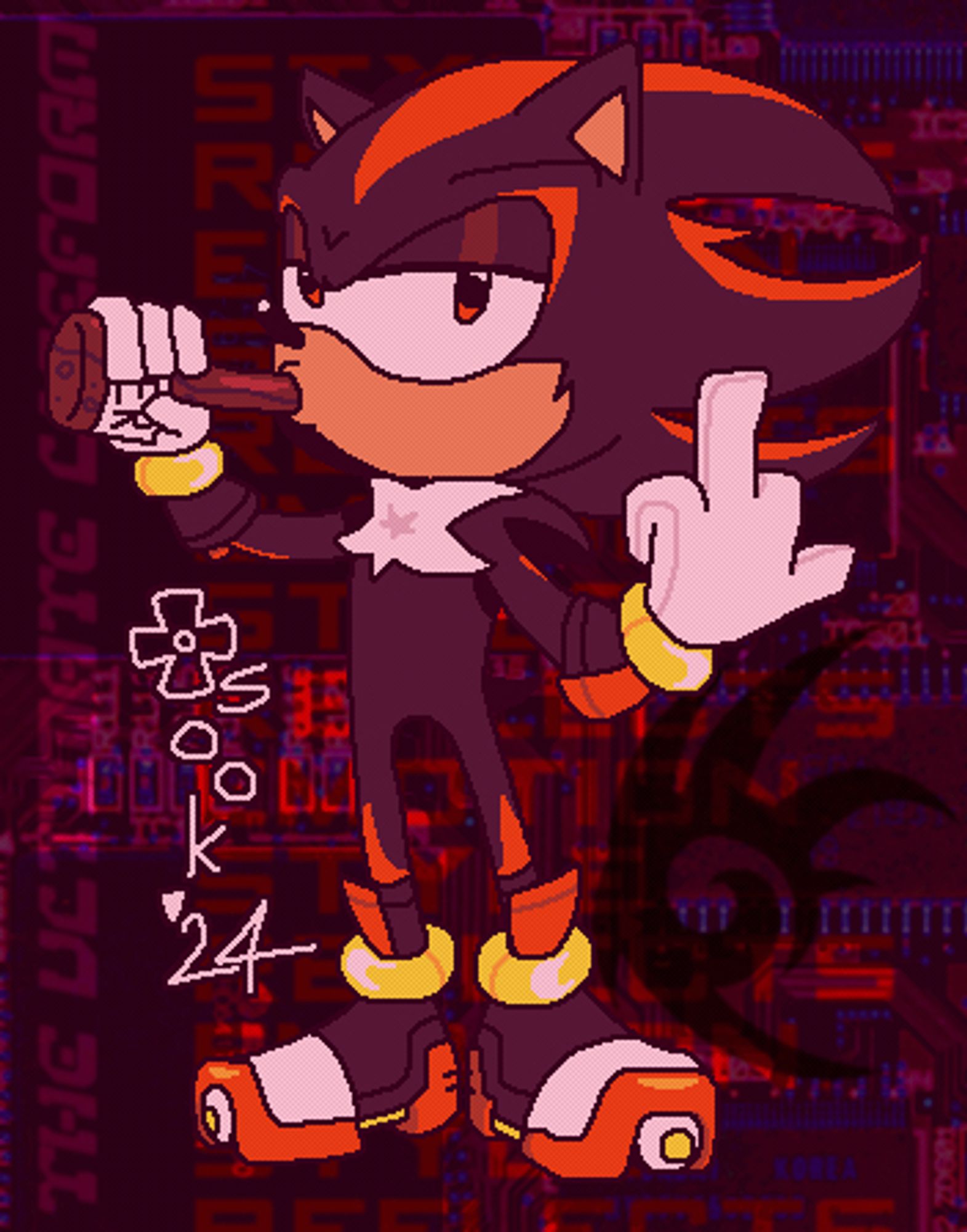 Shadow the Hedgehog smugly looking at viewer, flipping the middle finger as he drinks a bottle of alcohol.