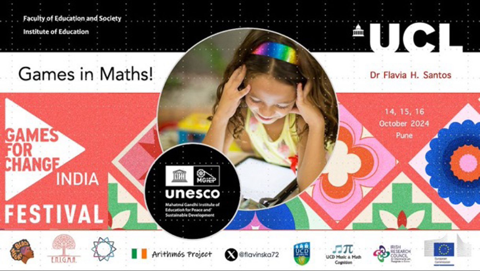 This is the slider cover, several logos from projects, funders and universities. Includes dates, talk title, and author. At the centre, there is a picture of a white girl smiling while looking at a tablet.