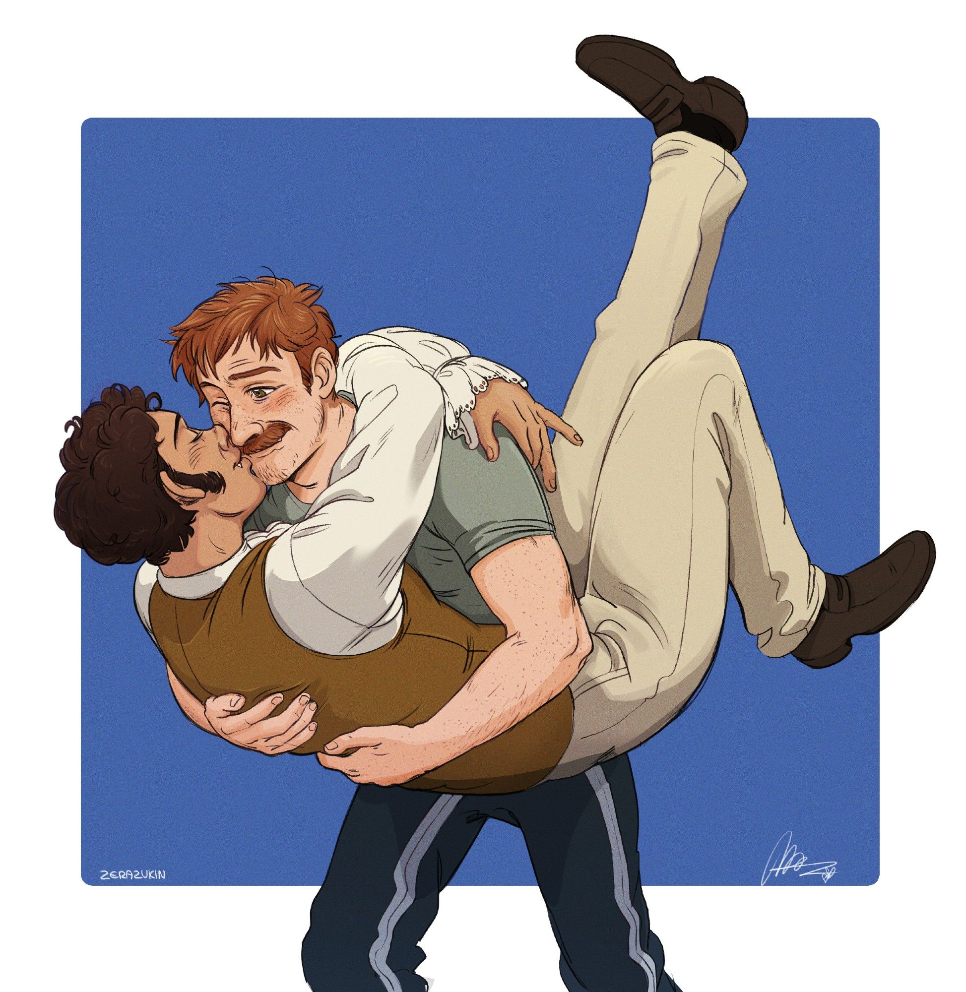 A drawing of Anton and Viago from what we do in the shadows. Anton is holding a floating Viago who is holding him back and kissing Anton on the cheek.