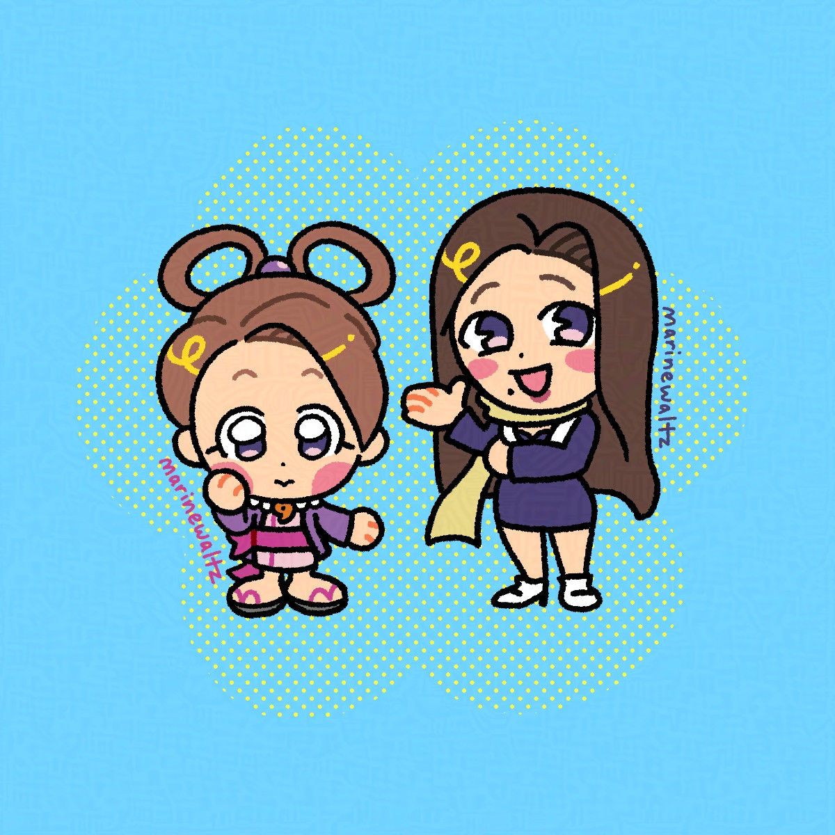 Illustration by marinewaltz of Pearl Fey and Mia Fey from Ace Attorney. The colours are bright and their proportions are cute and chibi. Pearl has a hand pressed to her face, looking innocent and big-eyed, while Mia is casually waving in a friendly way.