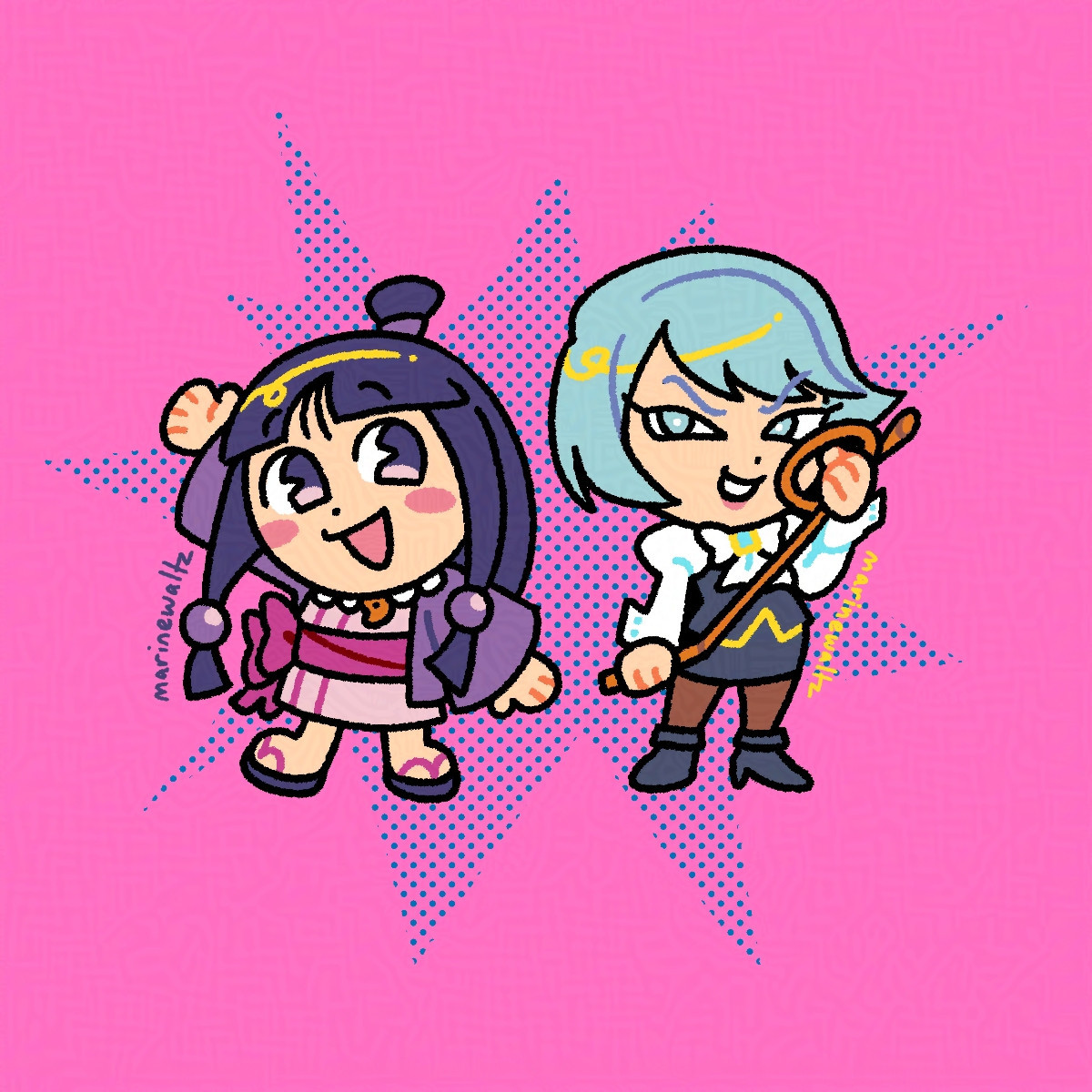 Illustration by marinewaltz of Maya Fey and Franziska von Karma from Ace Attorney. The colours are bright and their proportions are cute and chibi. Maya is waving excitedly and Franziska is smugly brandishing her whip.