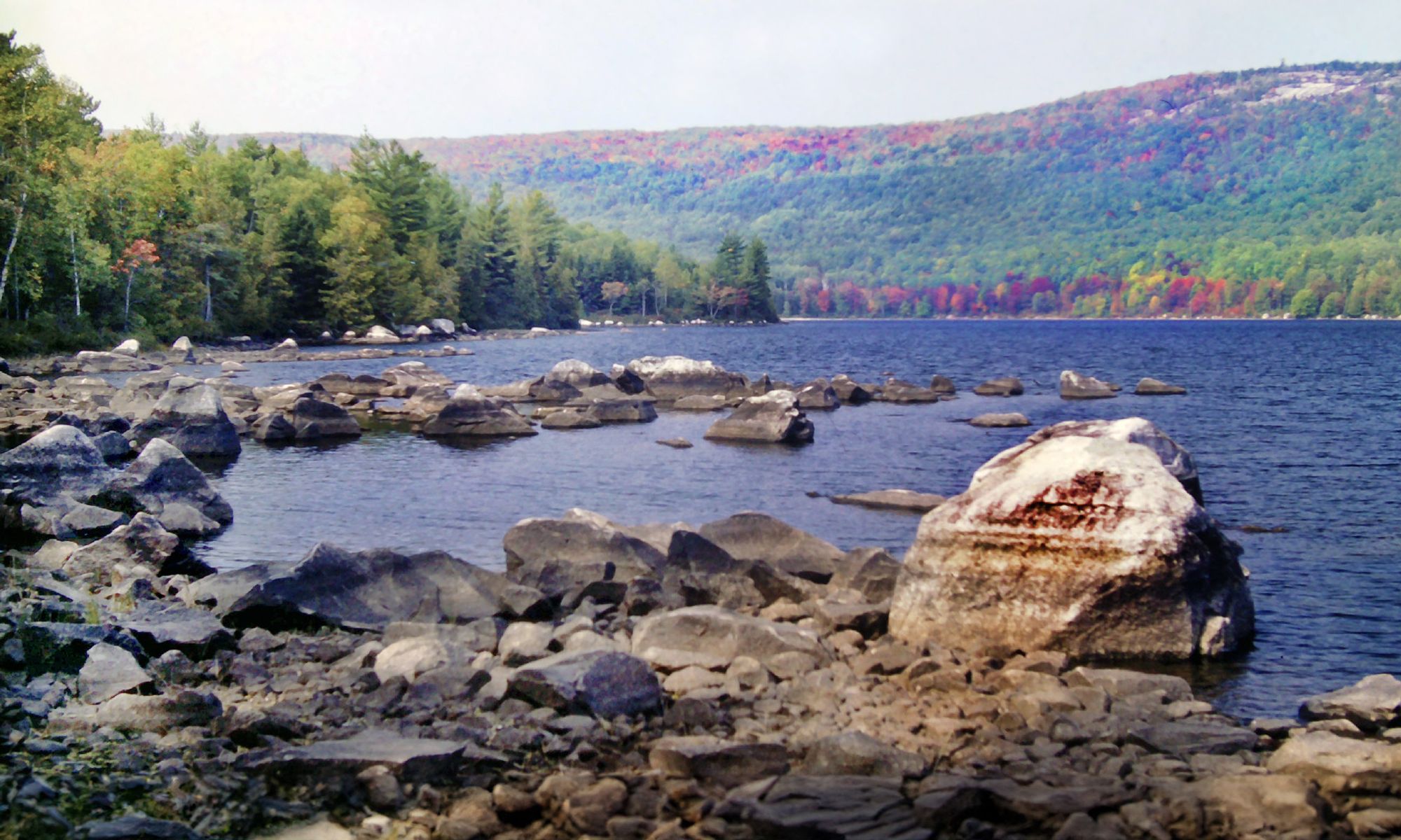 A hazy, soft blue sky. A wooded peninsula on the shore of a large lake. A long drought has exposed a great deal of rock and gravel covered lakebed. A low mountain rises above the far shore, its slopes are covered with a mixed evergreen and hardwoods forest. The hardwoods are a blaze of bright greens, yellows, golds, oranges and reds. A breeze is lightly rippling the deep blue lake waters.