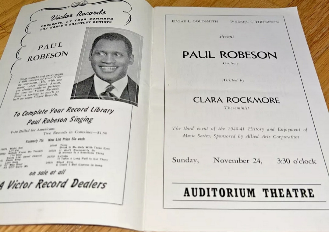 Playbill for a performance by Paul Robeson "assisted by Clara Rockmore" on November 24, 1940