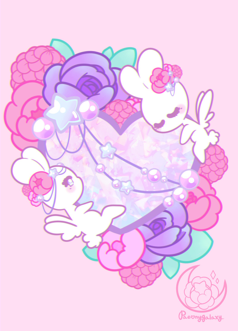 Two bunnies holding onto a large heart with various flowers behind them