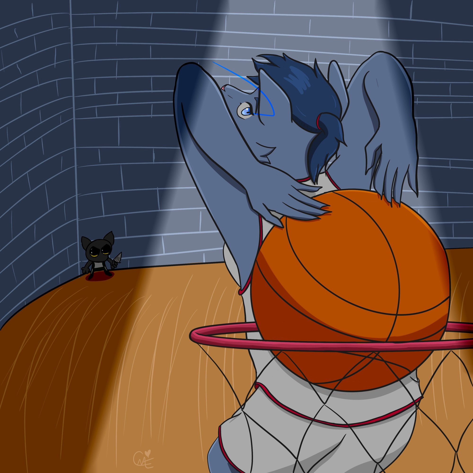 Alina Scratch catching some major air and scoring a behind the back dunk! All eyes and lights are on them on this court! 
Outside the spotlight an opposing cat stands. Somewhere from in their team jersey, they’ve pulled an Italian cold steel cinquedea! Oh no!