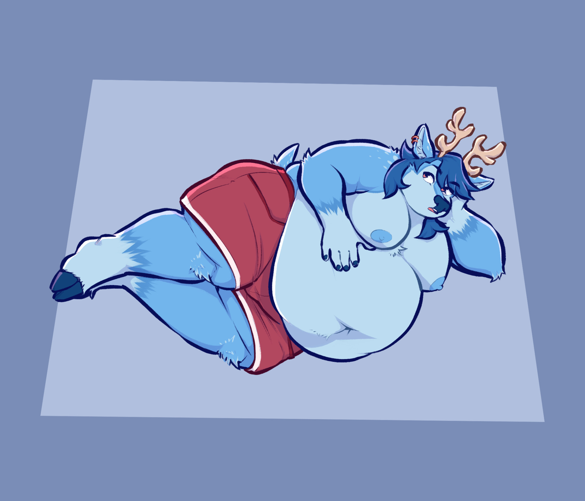 Catdeer lying on their side in christmas red shorts with white hems, belly sprawled out now even bigger and their hand resting on it. They have an inquisitive look on their face like they're waiting for something.