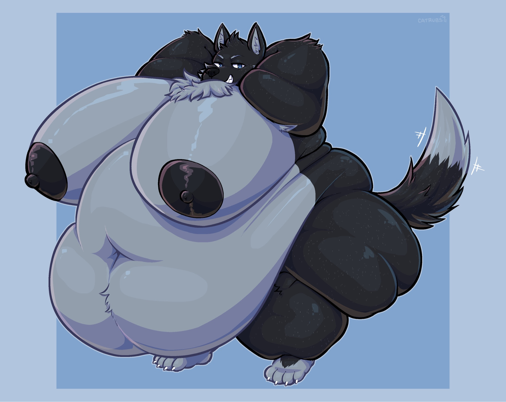 An alt of the first image but now Jet’s tits have tripled in size, weighing heavily over his gut.