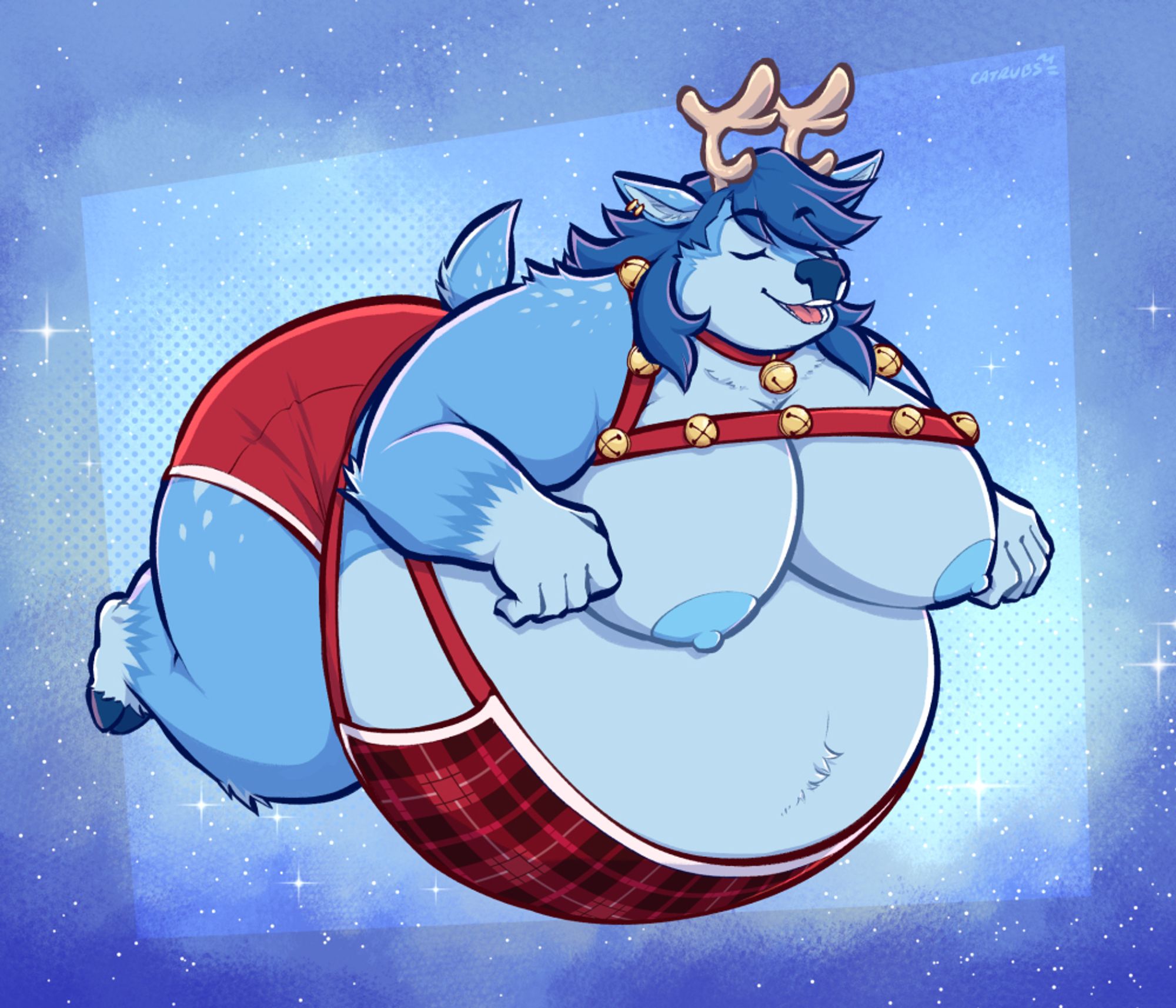 Catdeer floating, wearing their reindeer gear: harness with bells, belly warmer, and cute red shorts. Their size has grown considerably now. Their large belly and moobs hang out considerably while their butt sticks out a great amount.