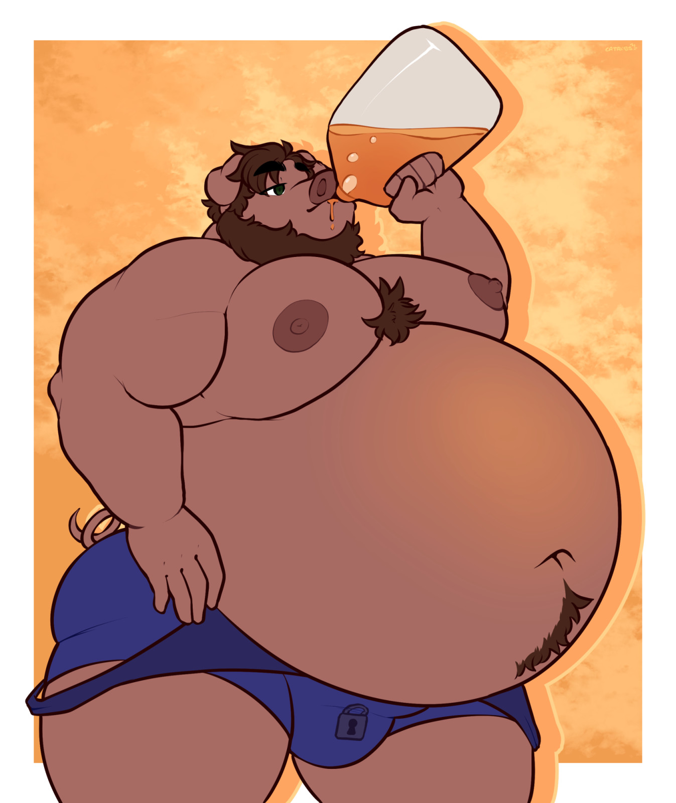 Porkersaill chugging down a gallon of mango juice. His stomach grows outward, further rounding out, and now tinted orange from the mango. His singlet has been pulled down so that he's wearing it as pants with the straps dangling to each side.