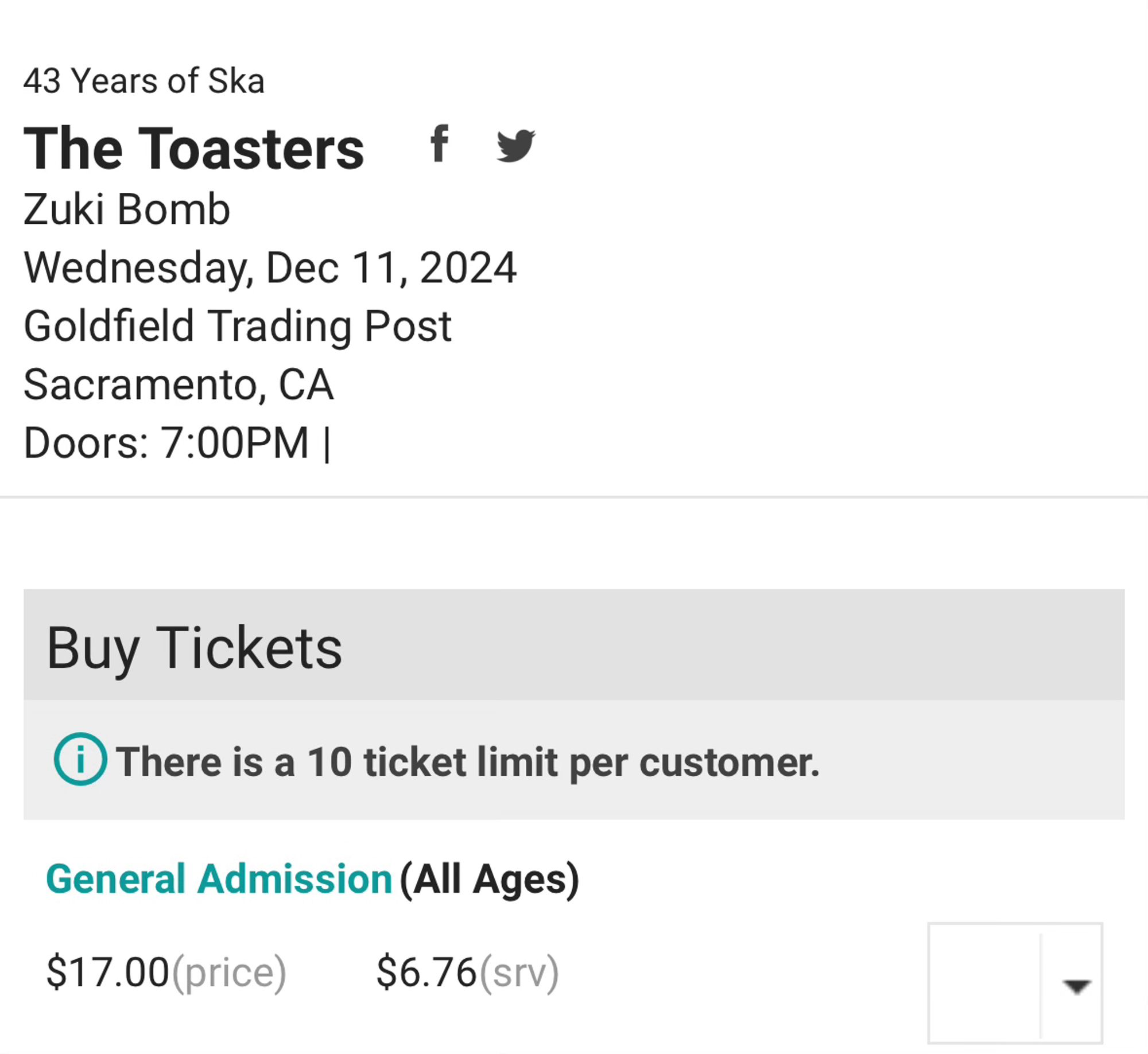 43 Years of Ska
The Toasters	ShareShare
Zuki Bomb
Wednesday, Dec 11, 2024
Goldfield Trading Post
Sacramento, CA
Doors: 7:00PM |