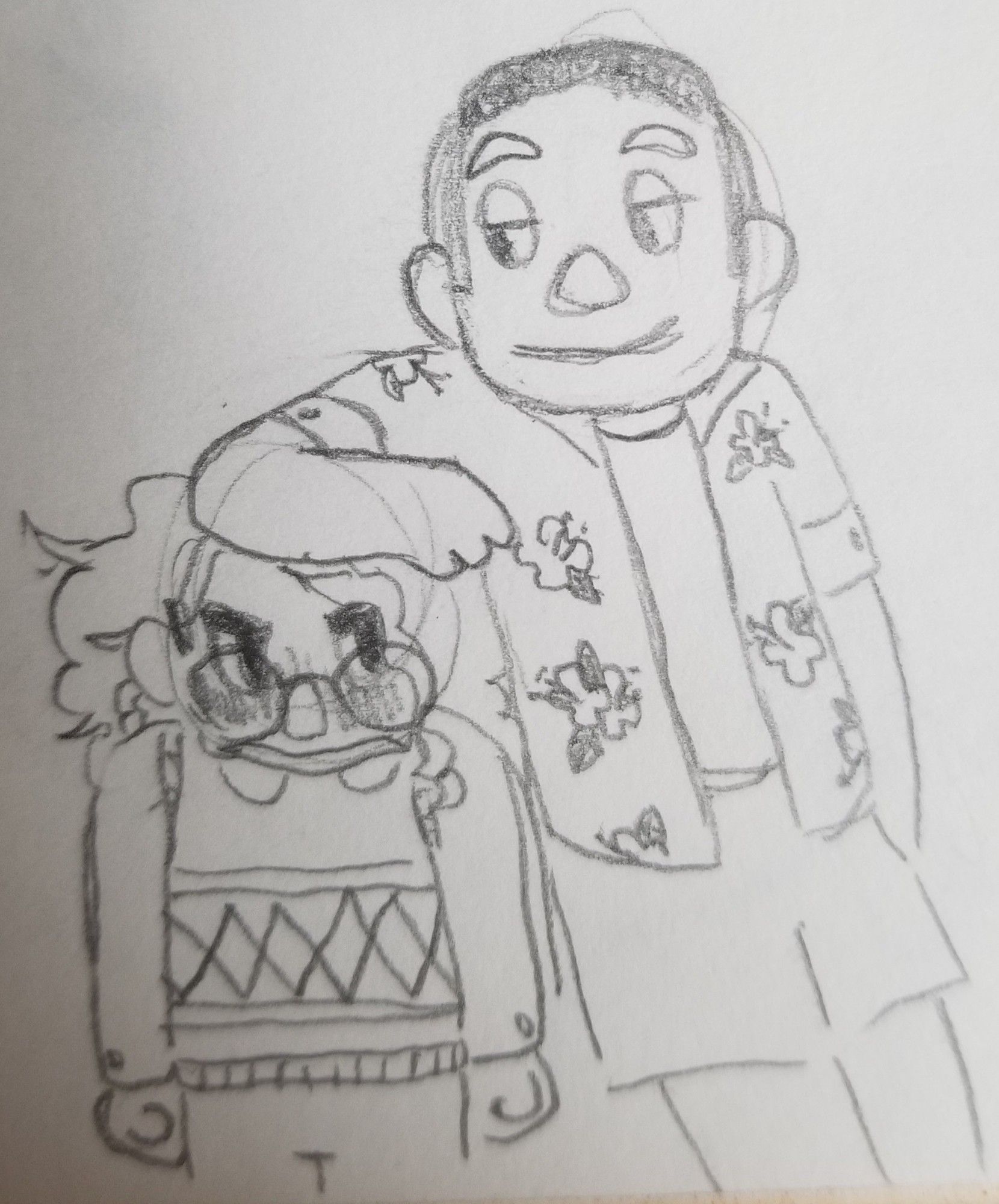 a pencil drawing of two characters, one leaning on the other. the characters are muppet-like puppet versions of Jonathan Sims and Tim Stoker from the podcast The Magnus Archives. Tim, who is taller than Jon, is leaning on Jon's head with one elbow on top of it, and smiling smugly. Jon is hunched down under Tim's weight and is blushing and scowling, both his fists clenched at his sides. Tim is wearing a tropical patterned shirt and Jon is wearing a sweater vest over a button down shirt. Jon also has big, round glasses.