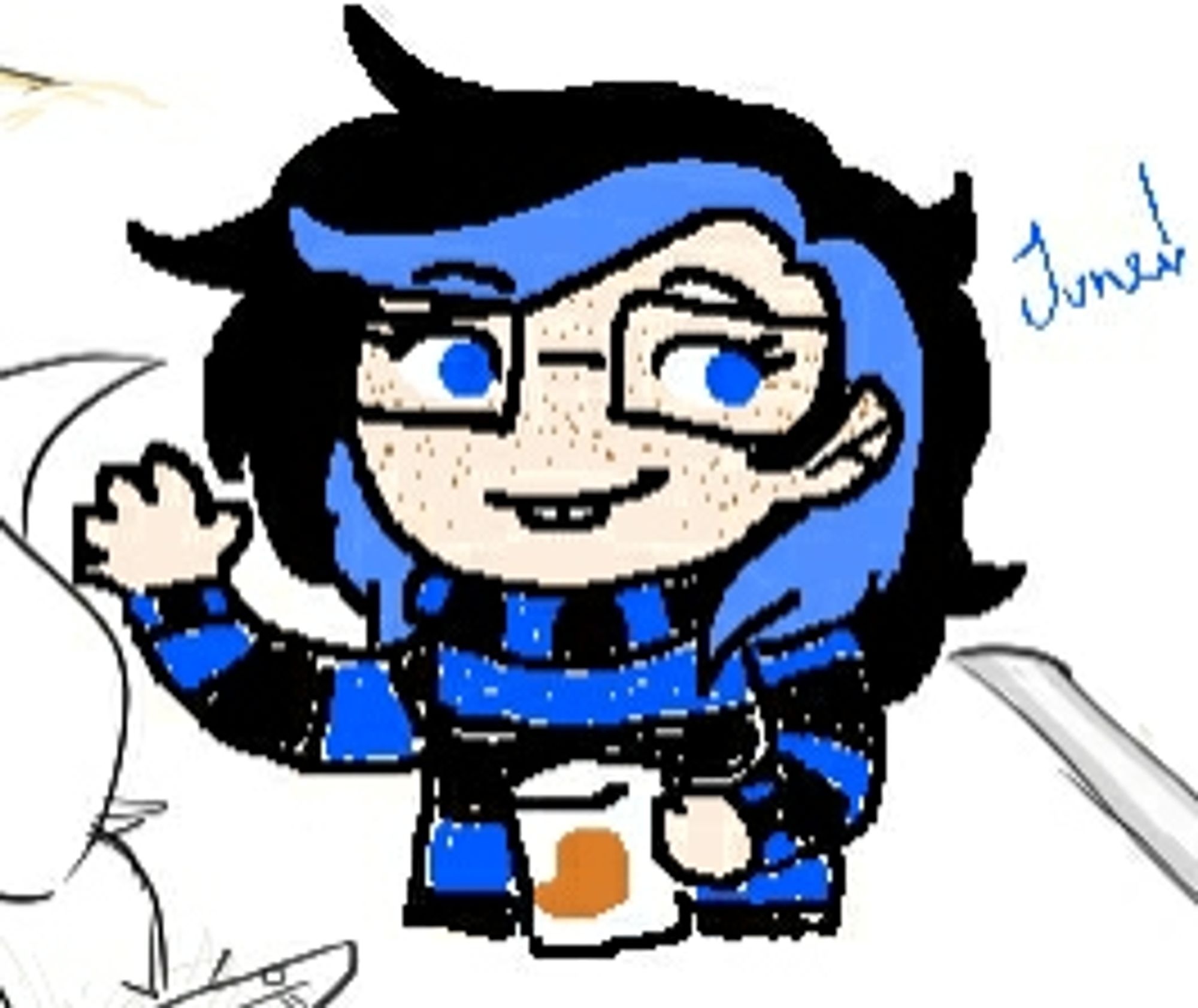 a drawing of a woman in a striped sweater dress. she has glasses and long hair, and is holding a coffee cup with an orange hat on it. she is looking at someone, smiling, and waving to them.