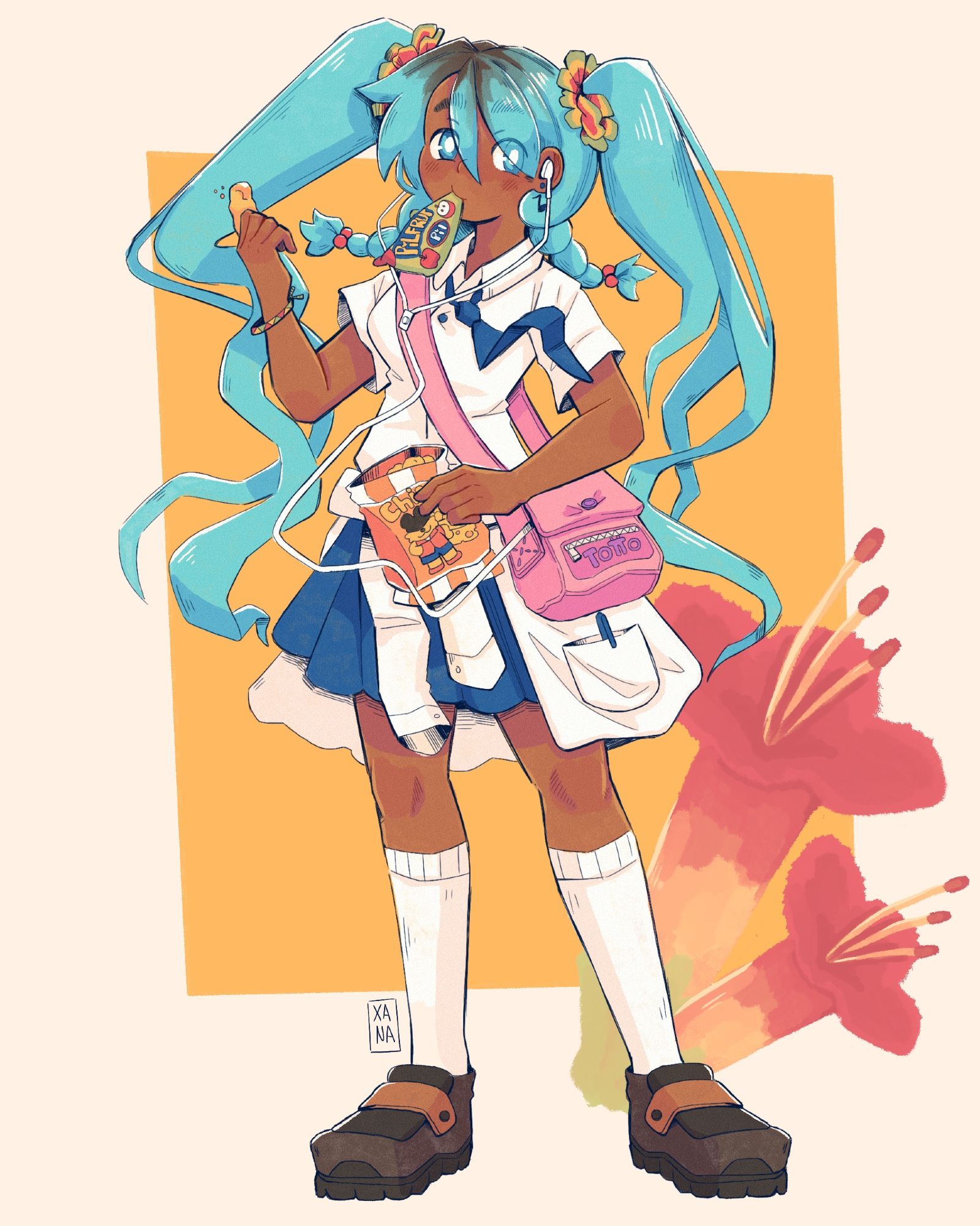 Design of a Bolivian Miku with traditional school uniform, holding chizitos and pilfrut