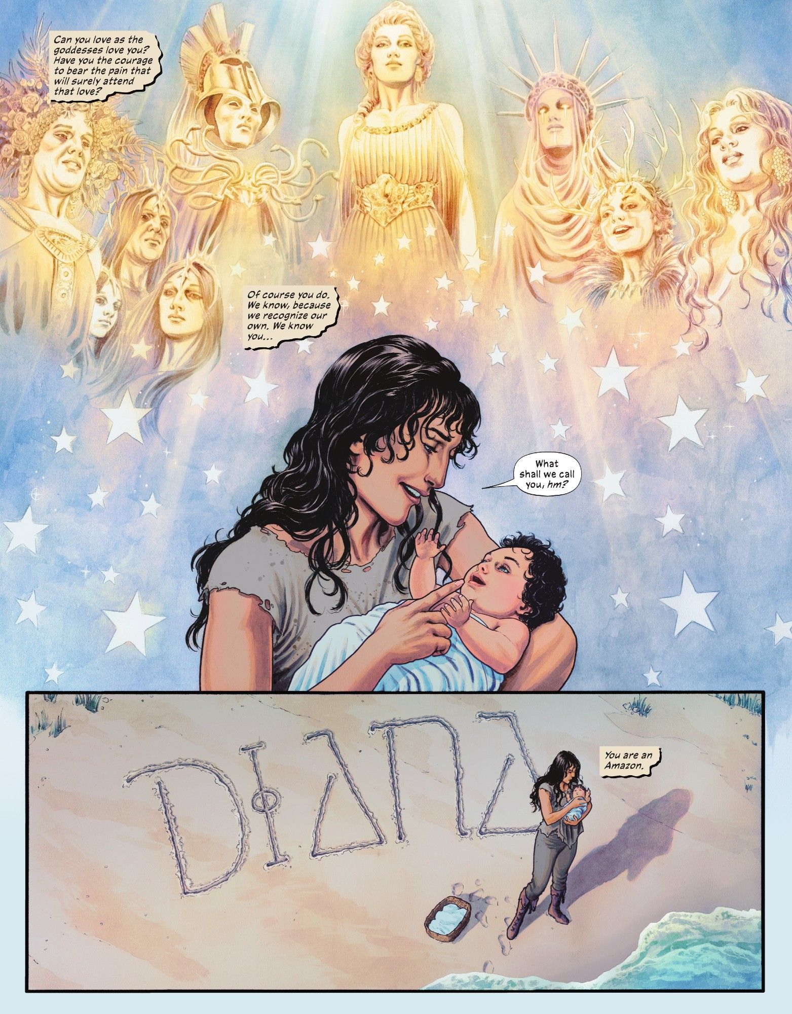 Wonder Woman Historia: Hippolytta holding Diana for the first time as the Godesses look down smiling.