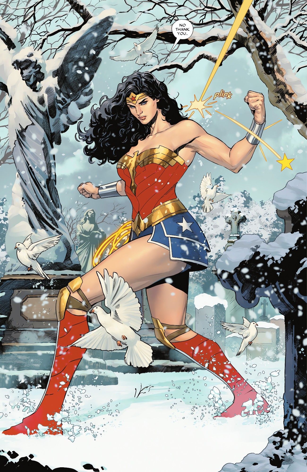 Wonder Woman refusing to be brought in by the goverment. She knocks a bullet away from her with her bracelet, turning it into a stylized star.