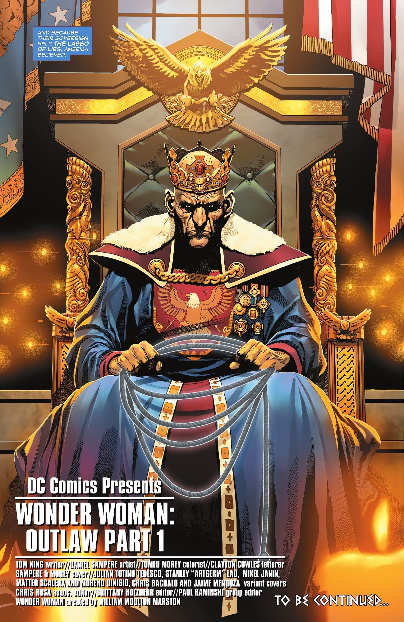 The last page of the issue revealing the narrator to be The Sovereign, a secret monarch of the U.S. holding the counterpoint to Diana's Lasso of Truth - A Lasso of Lies.