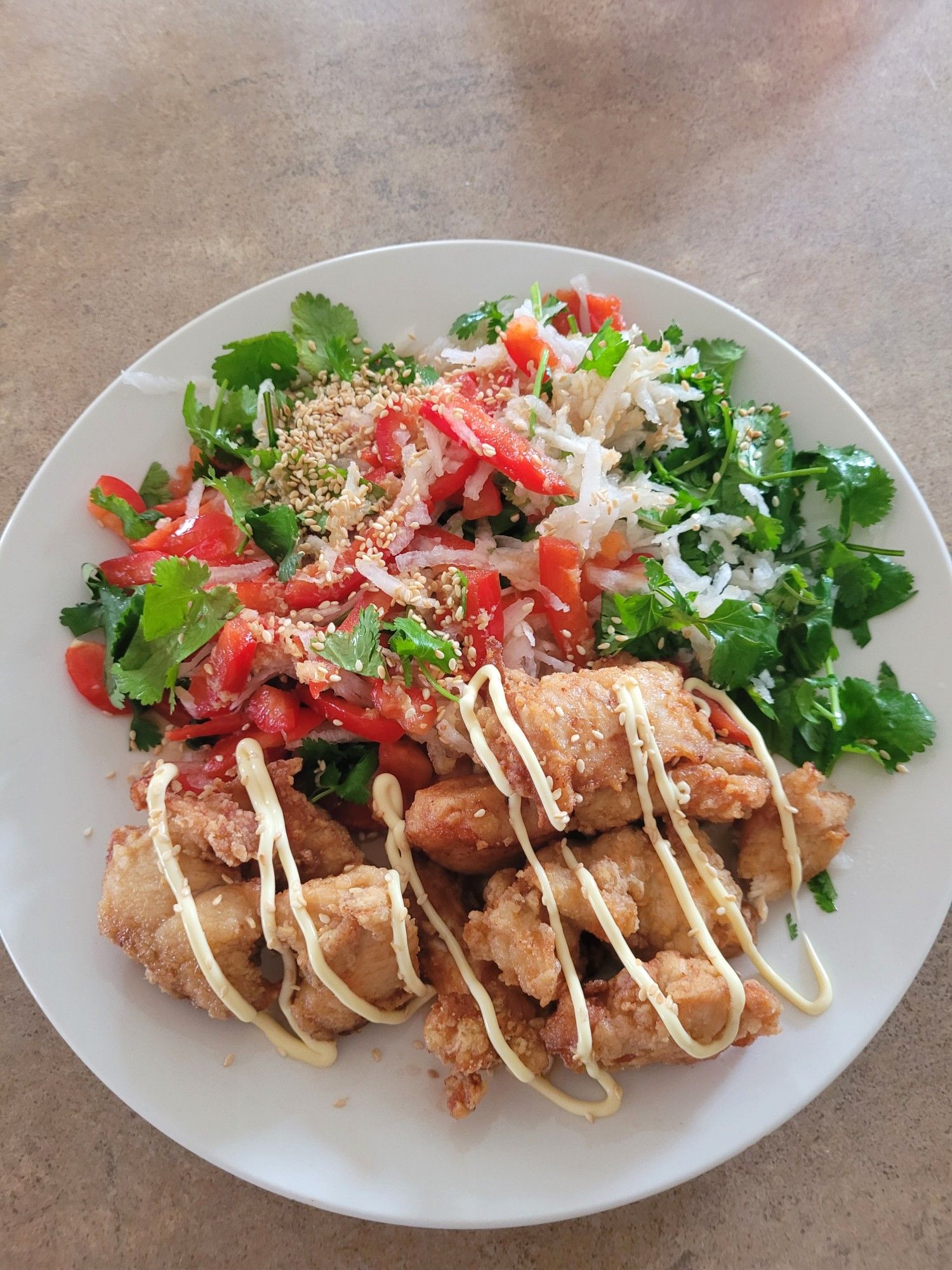 Dinner as described served on a round white plate.