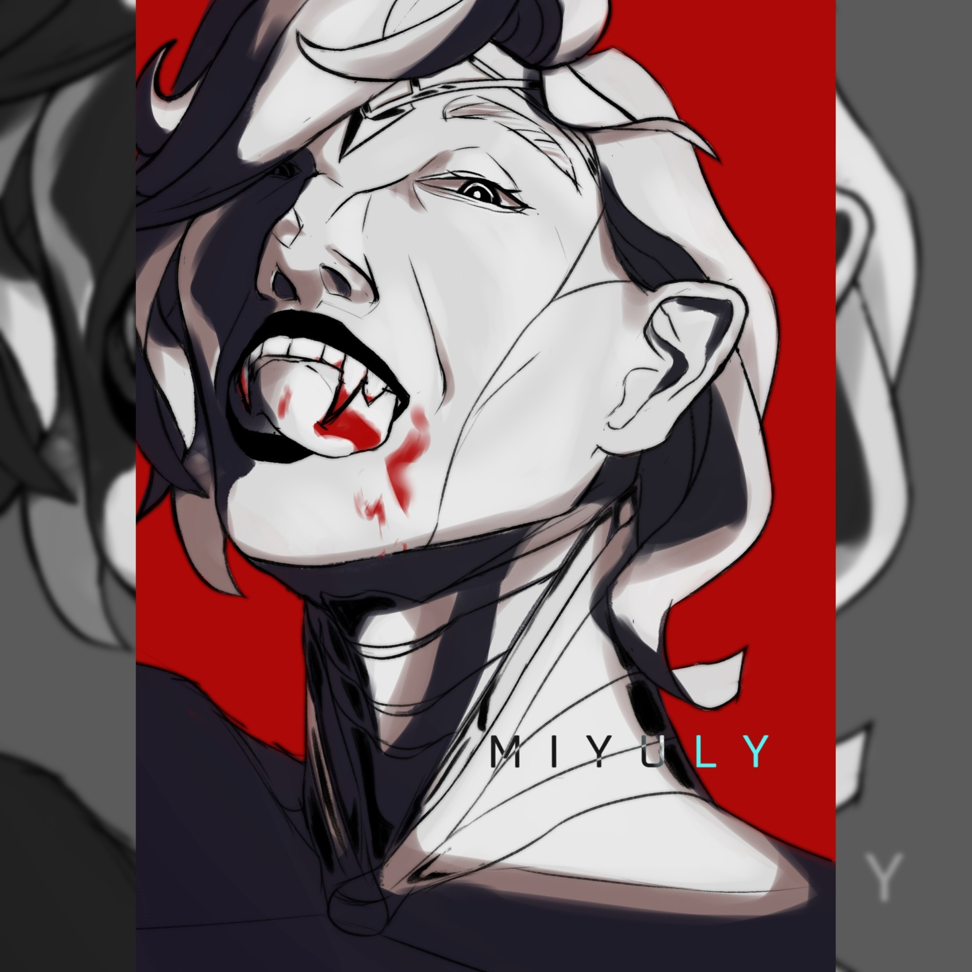 Monochrome portrait of a vampire OC of mine, Zyone. She is looking down at the camera, showing her fangs, and has smears of blood around her mouth.