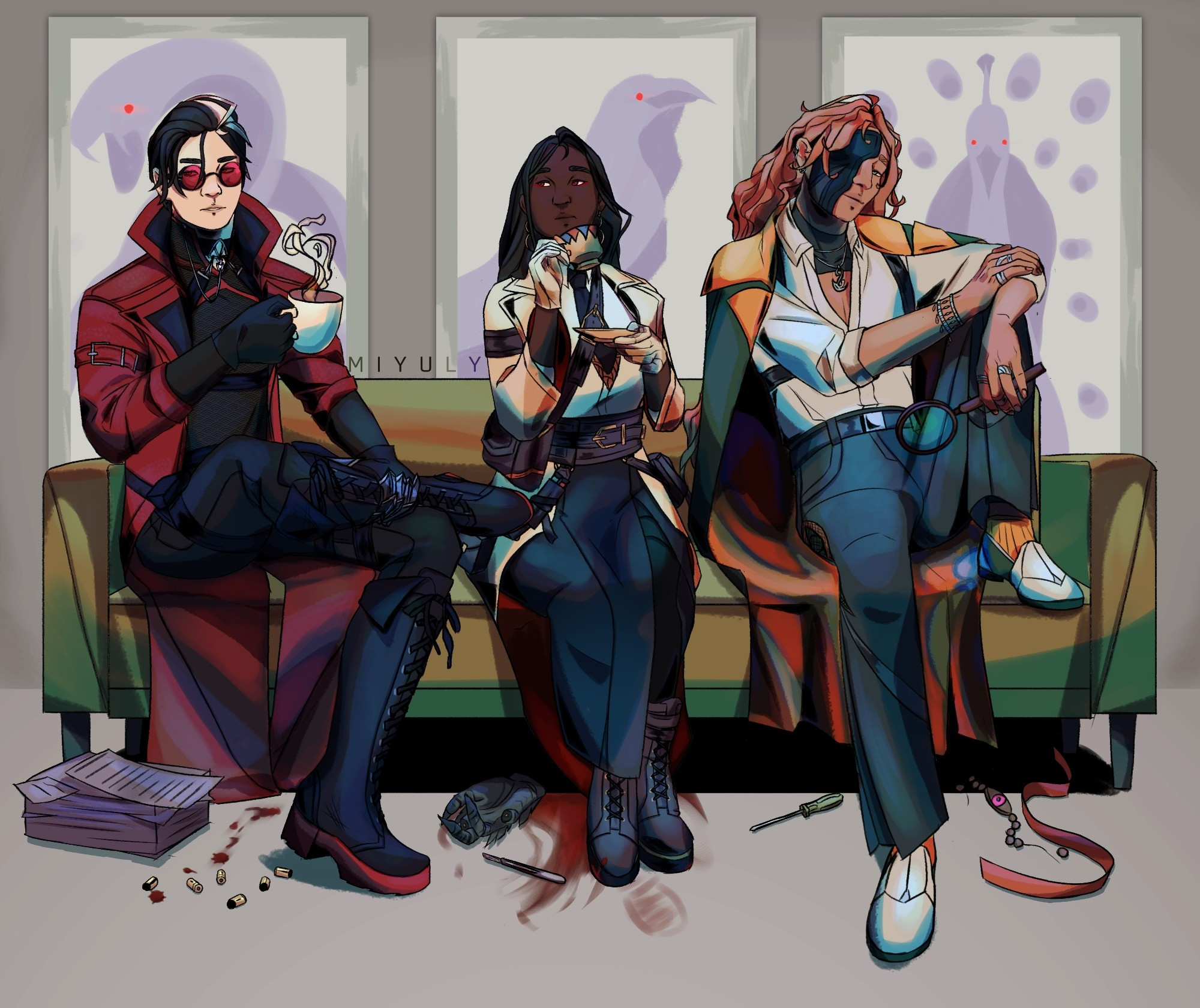 Key illustration for my visual novel in development, Corrupted Hydra Project. Three characters are sitting on a couch, with objects scattering at their feet and vague paintings shown behind them.

On the left, there's a guy in black, with a read coat and shades holding a cup of coffee and crossing his legs. There are bullets, a stack of paper, as well as blood smears near his feet. The painting behind him shows a snake with its fangs out. 
In the middle, a woman sitting straight holding a cup of tea, she's wearing a white coat, a dark skirt and boots. There is a cut vaguely human hand, a scalpel, and a big blood stain beneath her on the floor. The painting behind represents a raven in profile view.
On the right, a ginger man with a half face mask, wearing mostly green, blue, and orange. There is a screwdriver, a ribbon, and an eye-shaped pendant near his feet. The painting behind represents a peacock, looking straight at the camera.