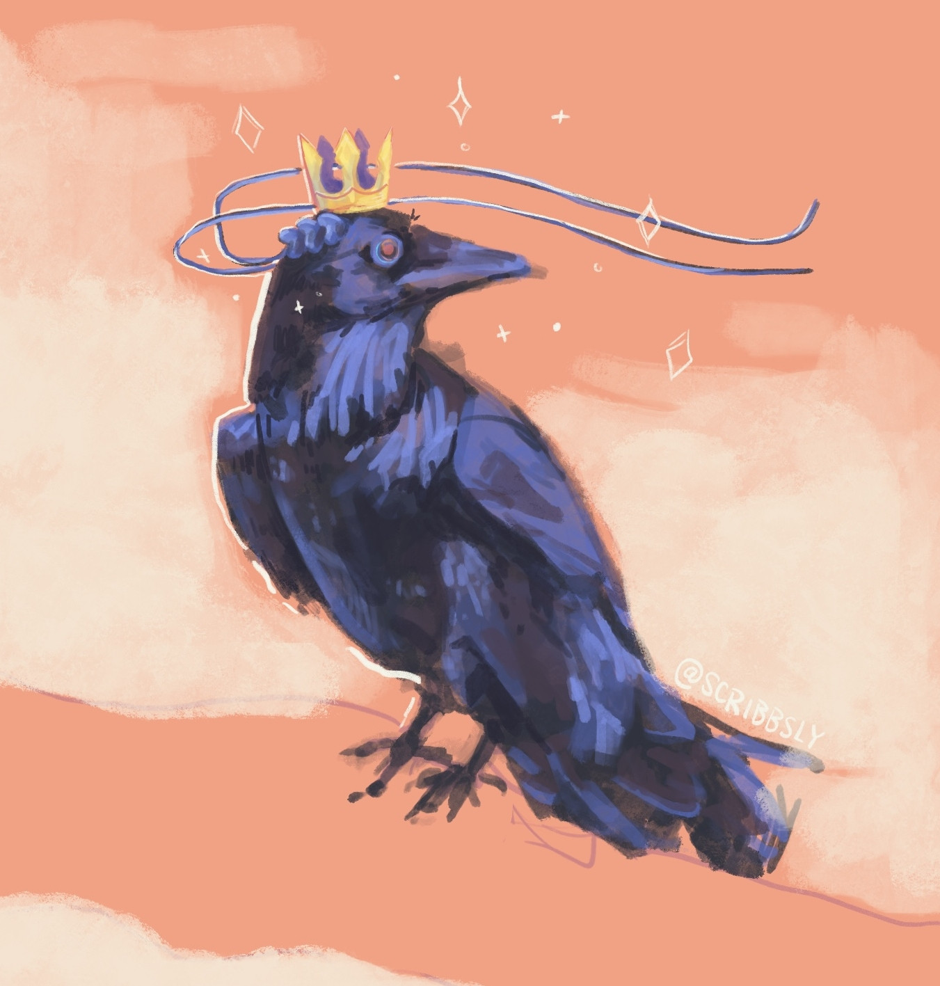 A digital painting of a crow on a peach hued background, wearing a small crown - a depiction of Karamatsu Matsuno's alternate form "Akuma" or "Akuma Rider" from the game Hesokuri Wars (derived from the anime, Osomatsu-san). Art is made by Scribbsly