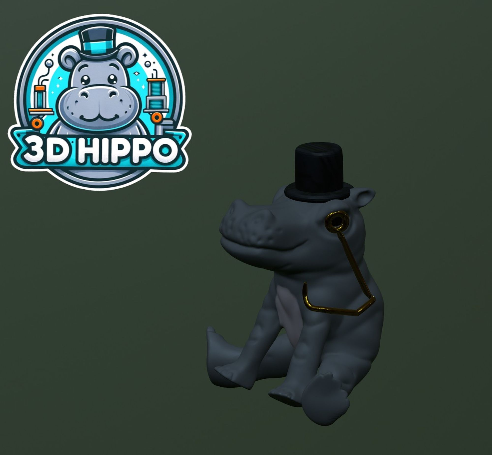 a 3D model of a baby Hippopotamus sitting and wearing a tophat and a monocle