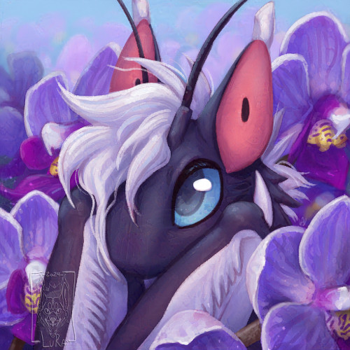 A digital artwork of a furry, purple Orchid Mantis, surrounded by purple orchids