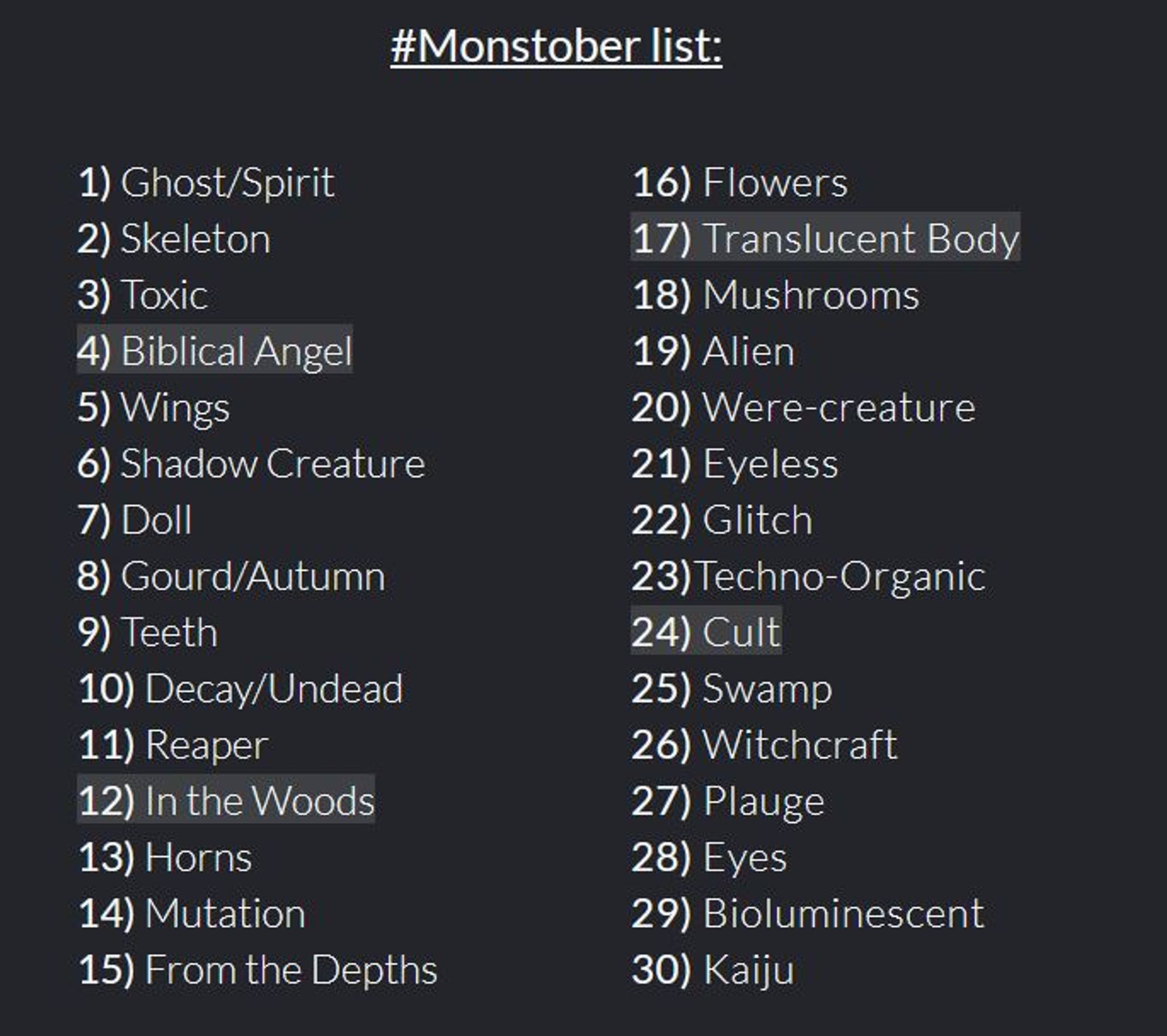 A written list featuring 30 prompts for #Monstober2024