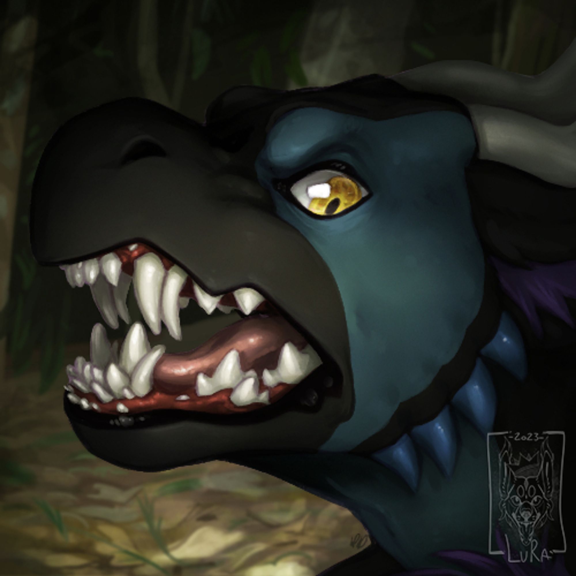 Example of the Painted Avatar. A digital artwork of a dragon, seen from the neck up. Their mouth is filled with an unusual amount of teeth, and the background is a forest at night