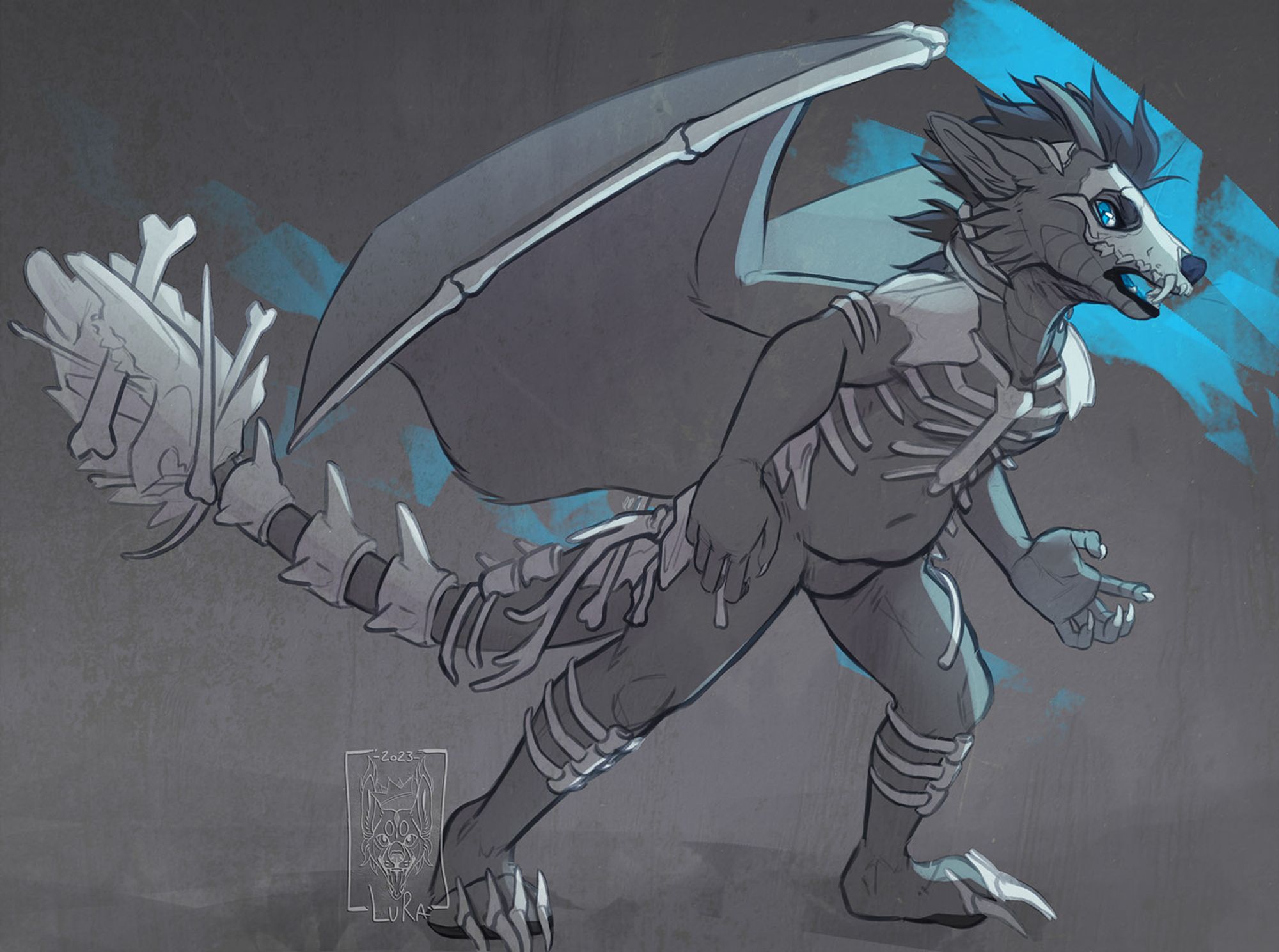 Example of the Monochromatic Fullbody Sketch. A digital artwork of an anthro dragon with bone armor