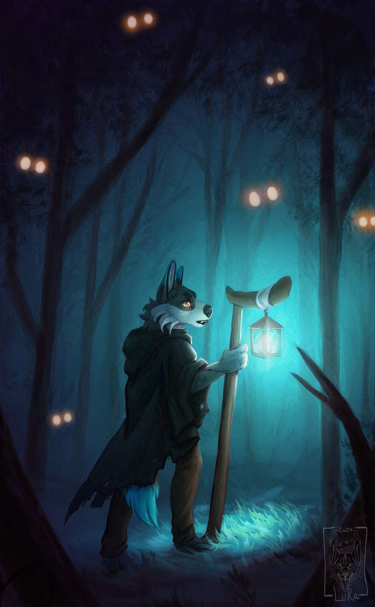 A digital artwork of an anthro wolf, walking in a dark forest while surrounded by glowing eyes