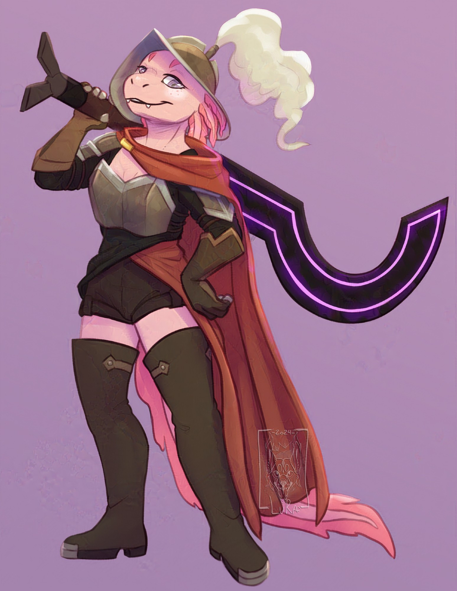 A digital artwork of an anthro axolotl in knight armor