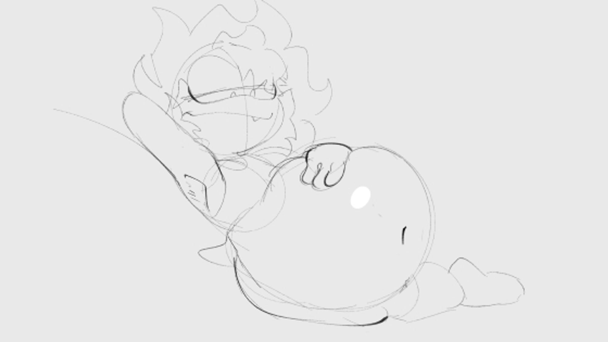 a short animation where batty (she/they) lounges as they rub a large, soft belly that rests in their lap.