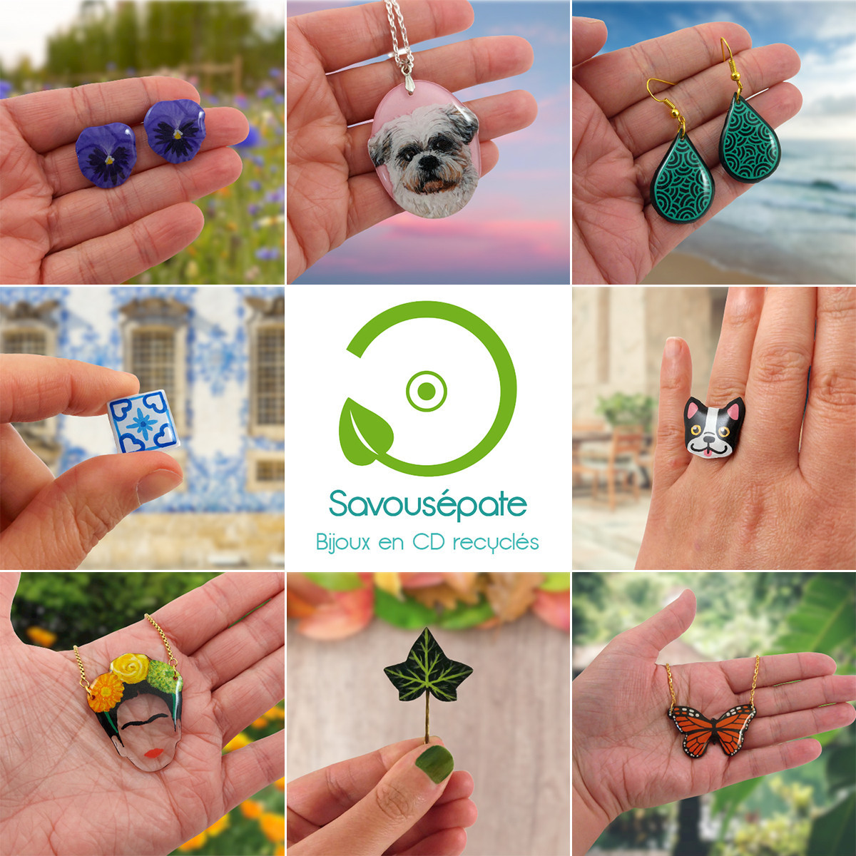 Bijoux, accessoires et décorations éco-responsables réalisés en CD recyclé peints à la main par Savousépate