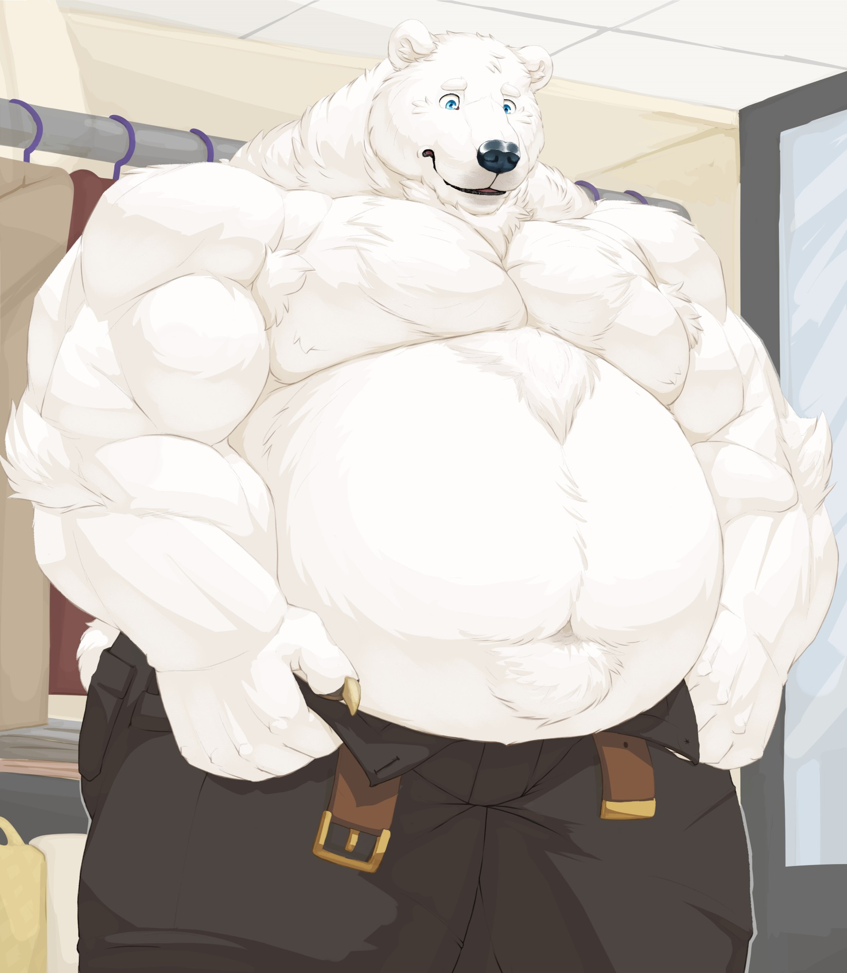 Ever have those days where old pants become too small later? Big rotund polar bear is trying to put on the pants that he bought some months ago and it now seems a tad bit too tight! Maybe those free donut Fridays weren't such a good idea~!  #furry #furryart #anthroart #polarbear