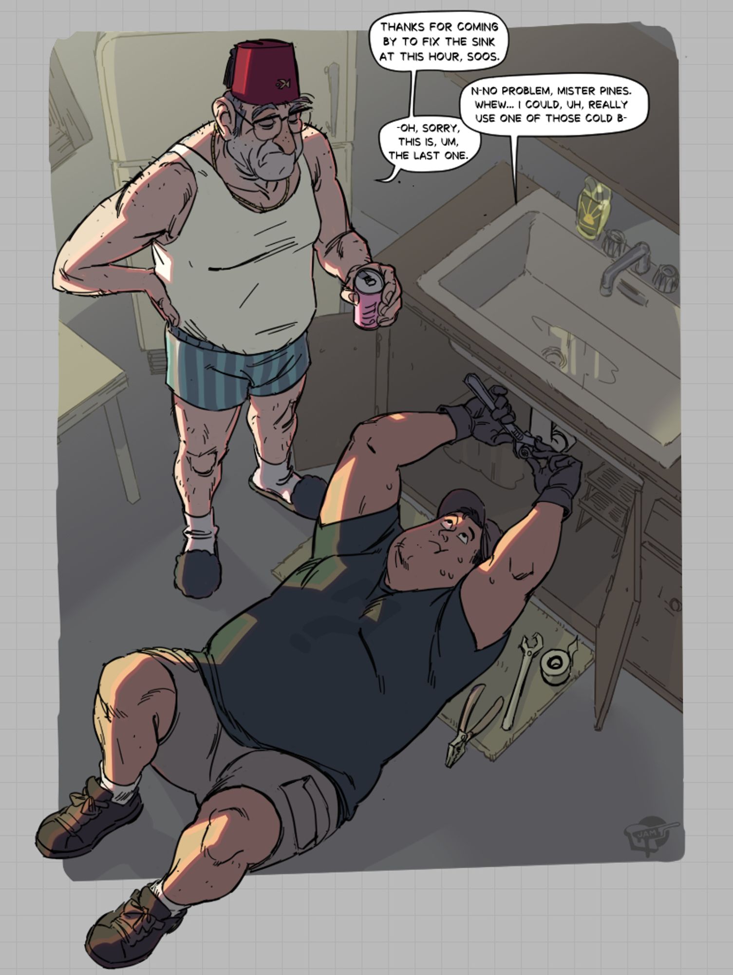 illustration of gravity falls character Soos- a big guy with a mystery shack question mark staff shirt. he's fixing a kitchen sink while grunkle stan, an older man wearing a wifebeater and boxers like old guys do. Soos asks for a soda which stan refuses because uhhhh it's the last one, of course.