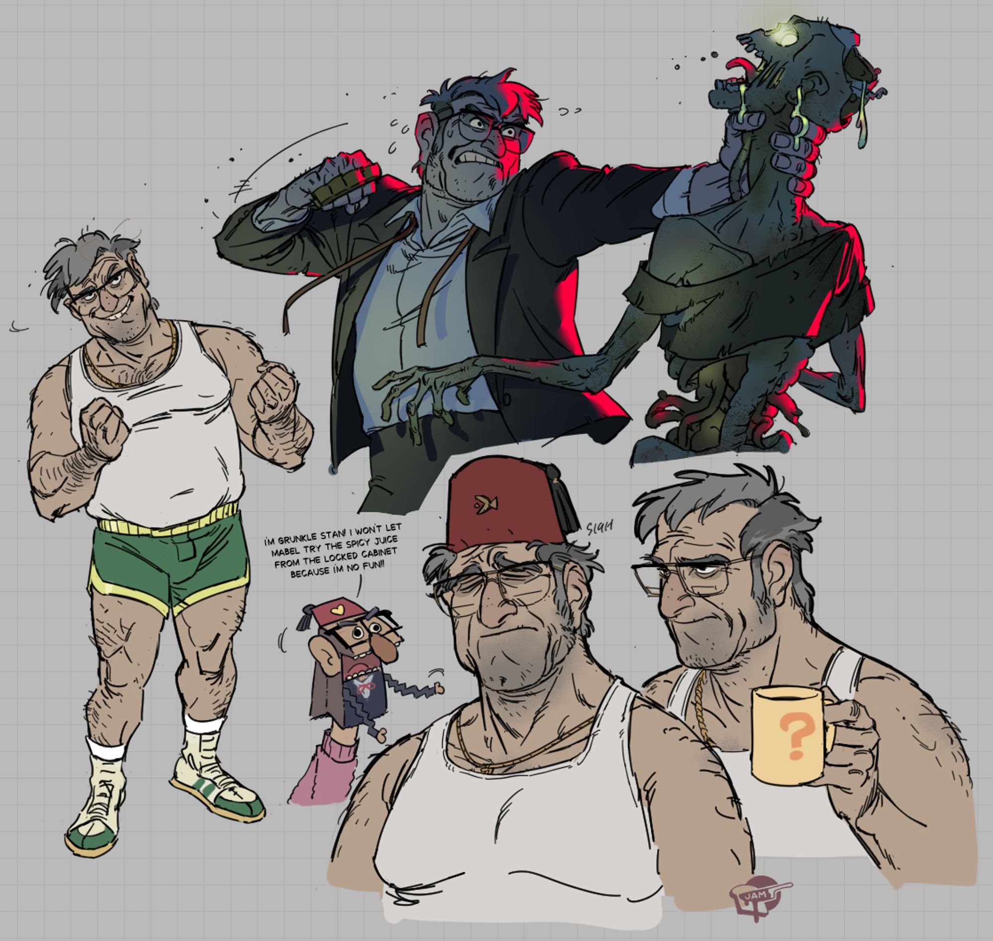 fanart illustrations from Gravity Falls of character Grunkle Stan: an older man with grey hair, massive glasses and an unkempt appearance. He was a boxer once- he's pictured in boxing uniform as well as using brass knuckles on a zombie, which is very normal. There's a kindof offensive looking paper bag puppet mocking him