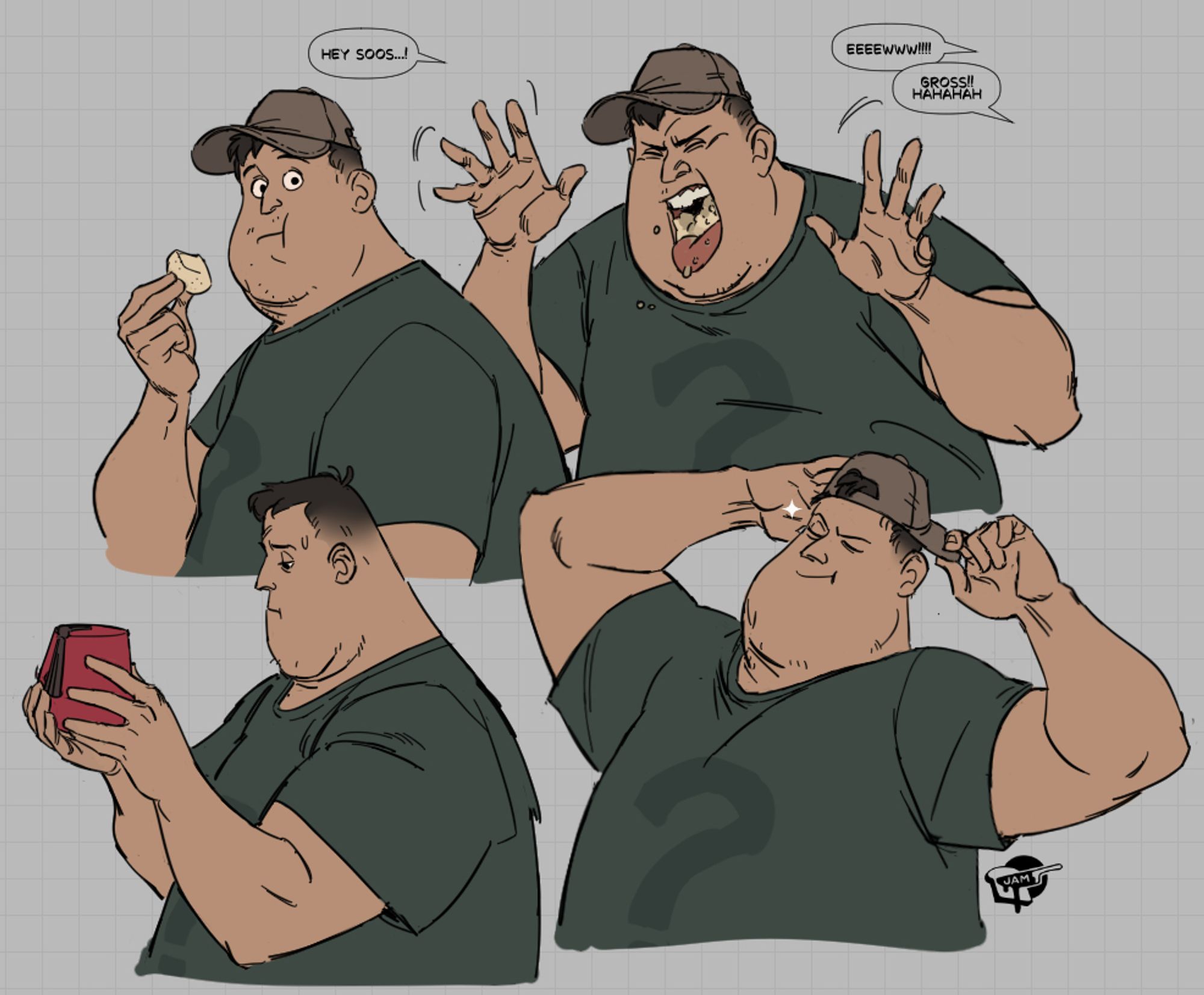 illustrations of gravity falls character Soos- a big guy with a mystery shack question mark staff shirt. various expressions here including him flashing chewed food to be gross, holding stan's fez, putting his hat on backwards because he's cool like that