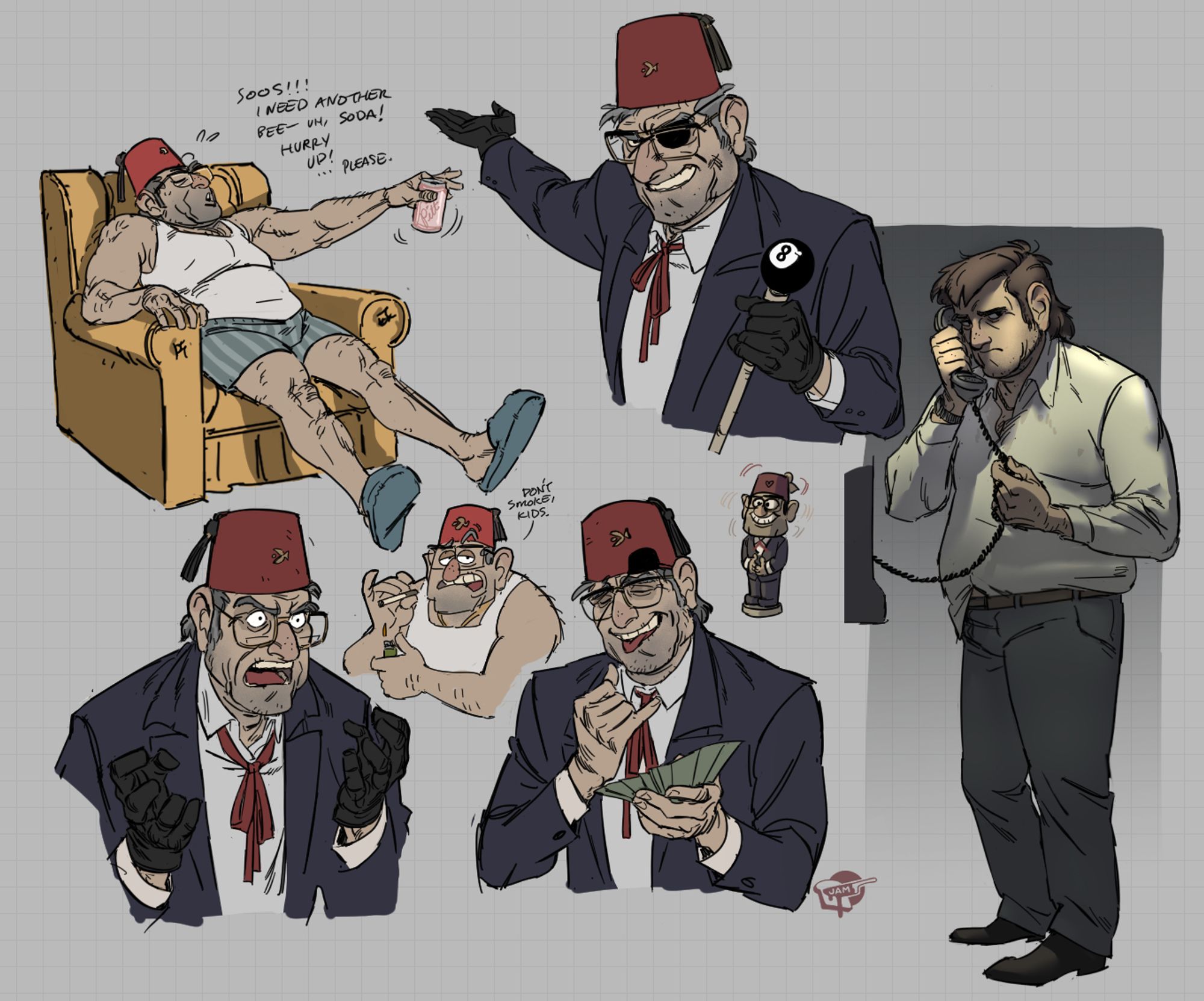 fanart illustrations from Gravity Falls of character Grunkle Stan: an older man with grey hair, massive glasses and an unkempt appearance. as usual he is demanding a replacement beer from his sofa, counting money, hypocritically telling kids not to smoke as he does, and sadly calling his long-lost brother back in the 1980s