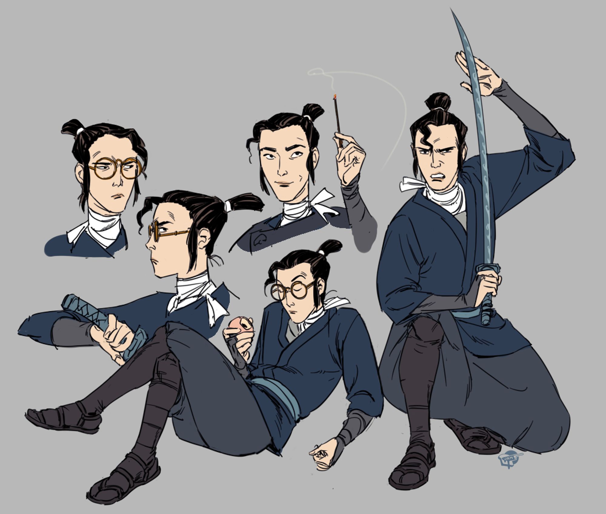 a bunch of illustrations of Blue Eye Samurai protagonist Mizu