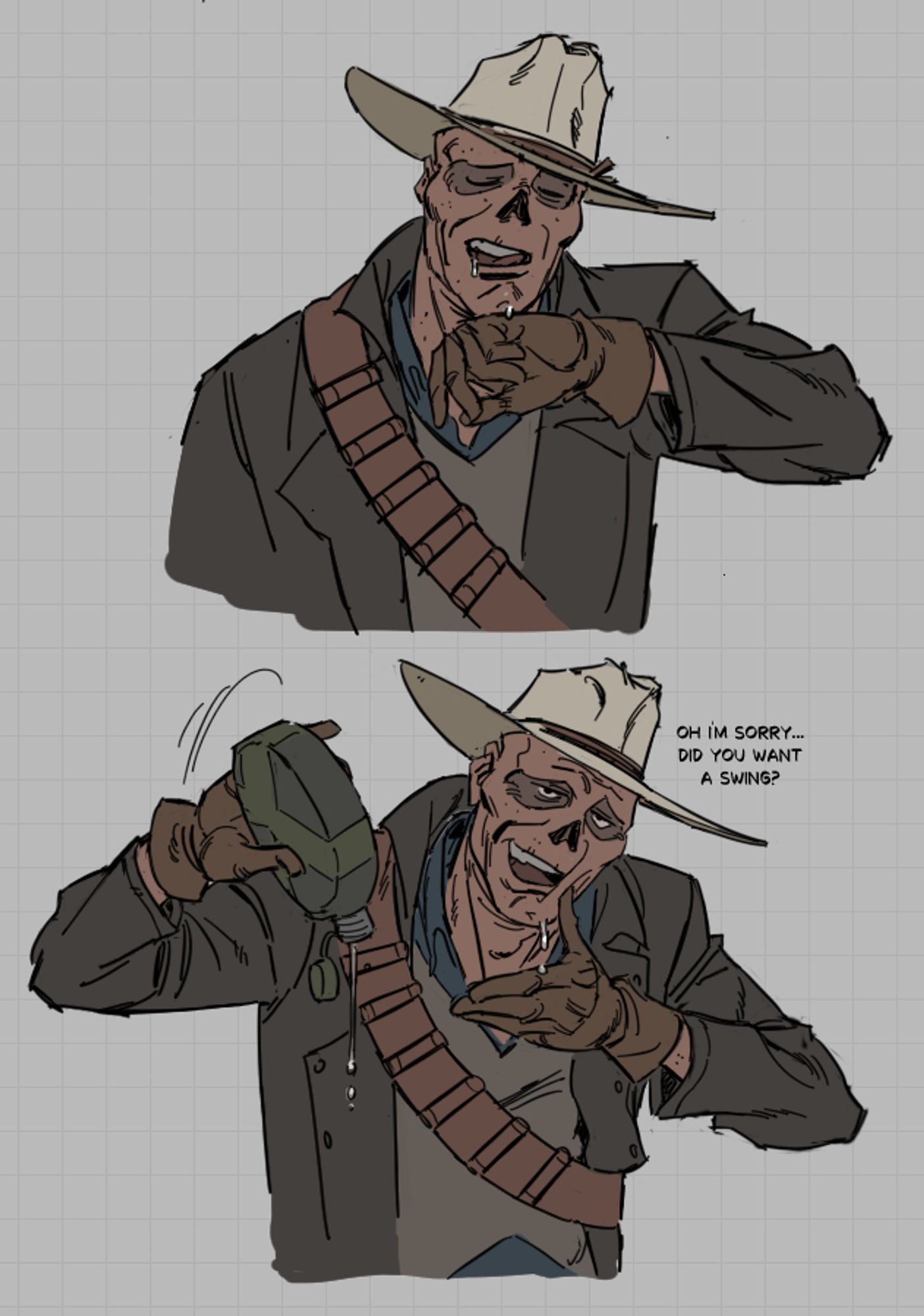 illustrated fanart of the Fallout tv series, the Ghoul finishes off a canteen of water and wipes his face, teasing Lucy with it