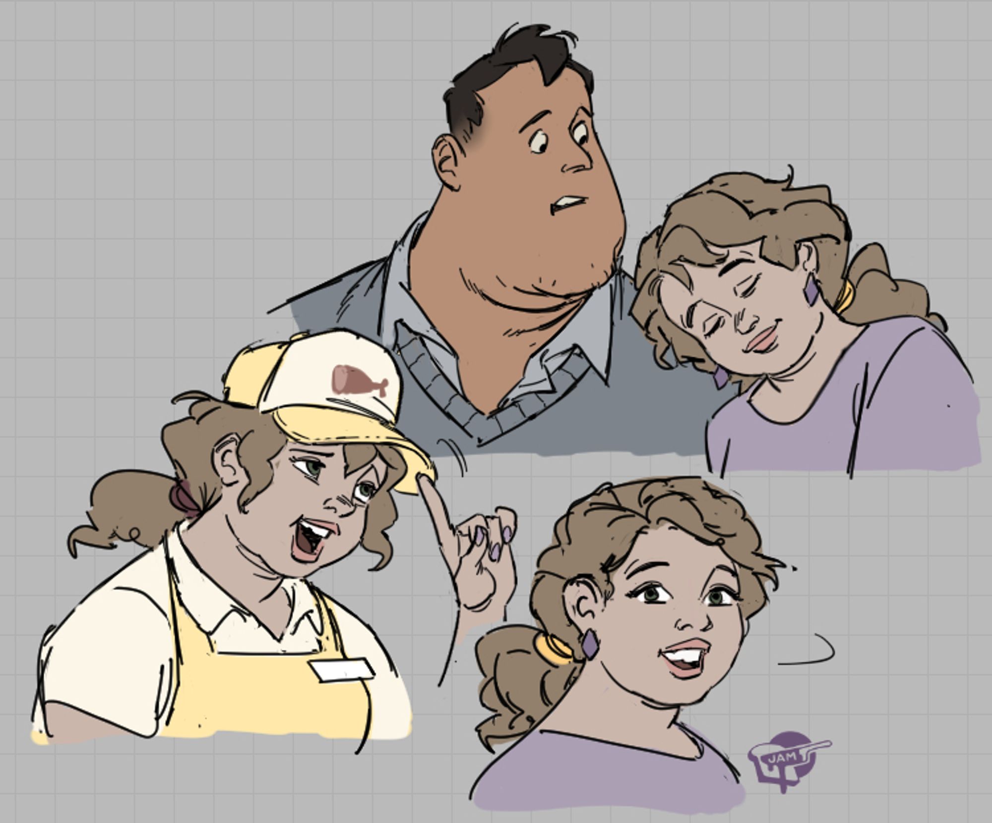 illustrations of gravity falls character Soos and his girlfriend Melody, a woman with curly sandy hair who wears a cute purple shirt, earrings, or a uniform for the mall kiosk he met her at