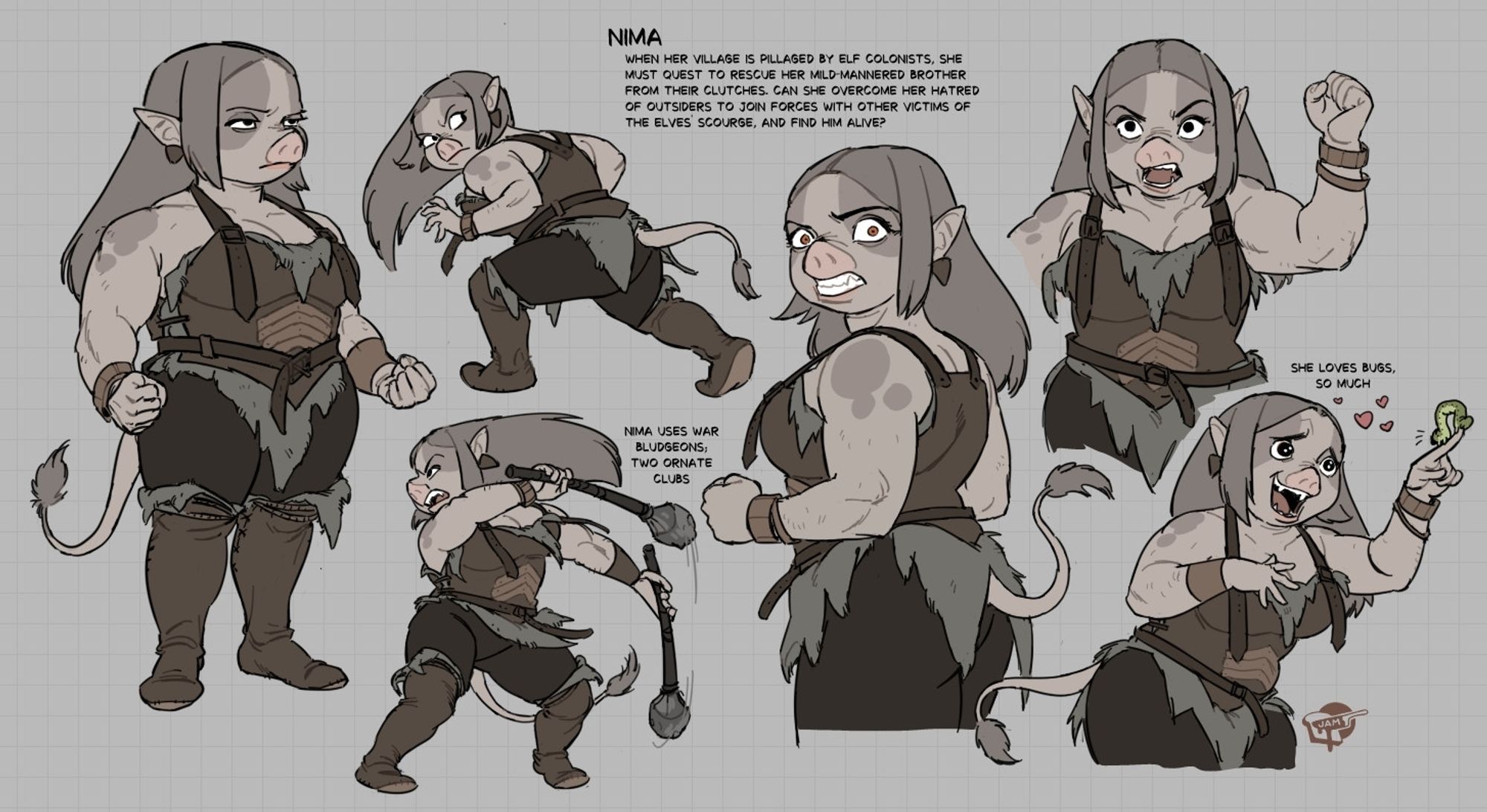 Illustrated model sheet of a fantasy character, a pig-like orc warrior named Nima who wears furs and leather armour. She's got long hair and spots and there's a text blurb that mentions she's on a quest to find her brother.